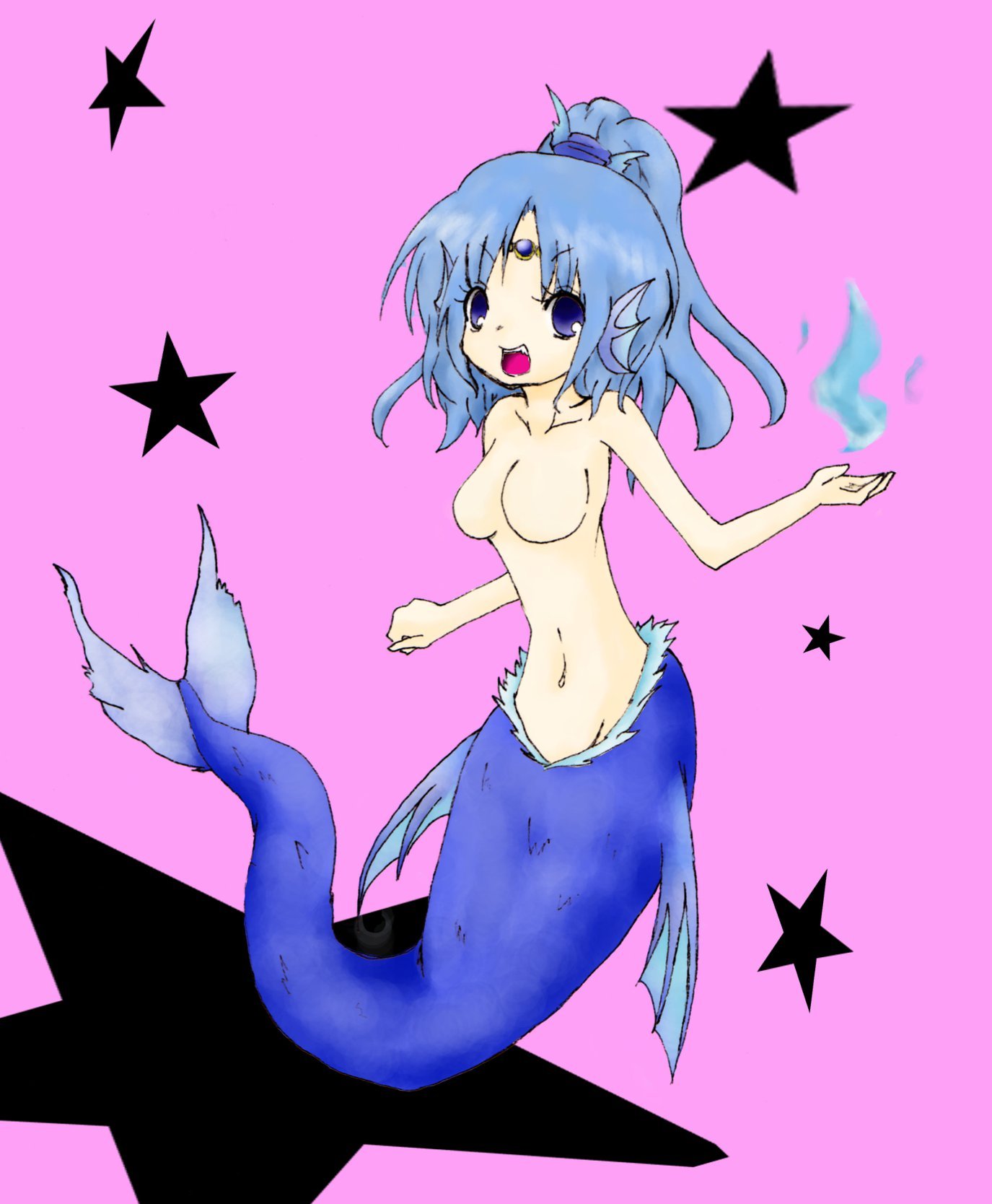 beige_skin bindi blue_eyes blue_hair blue_skin blue_tail breasts color female female_only fins hair head_fins jewelry jpg marina mermaid no_nipples nude open_eyes open_mouth ponytail solo tied_hair treasure_of_the_rudras