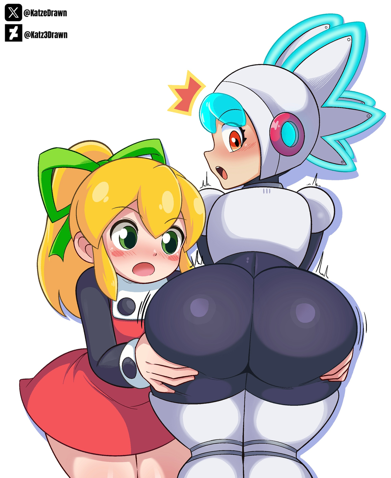 2girls, aqua hair, armor, ass, ass focus, ass grab, ass worship, assisted presentation, big ass, blonde hair, blush, blush lines, bodysuit, capcom, eyebrows visible through hair, female, from behind, grabbing ass, huge ass, light skin, light-skinned female, mega man, mega man (classic), mega man: dual override, red dress, robot, robot girl, roll, simple background, tagme, tagme (artist), thick thighs, twinkle girl, yuri