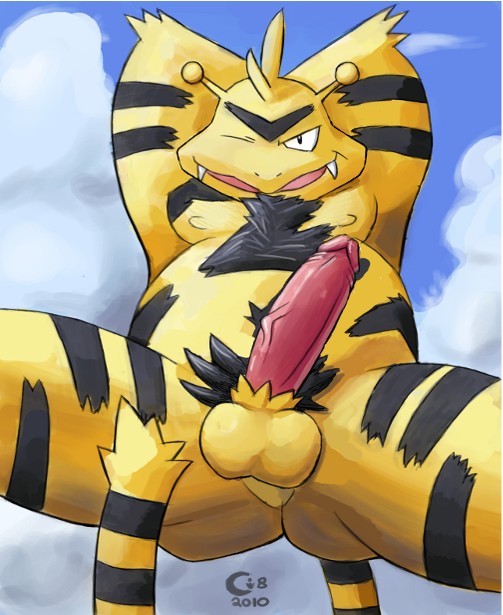 antennae anthro arms_behind_head black_fur color day electabuzz erection fangs front_view fur furry furry_tail looking_at_viewer male male_only narc nude outdoors penis pokemon pose sky smile solo tail testicles wink yellow_fur