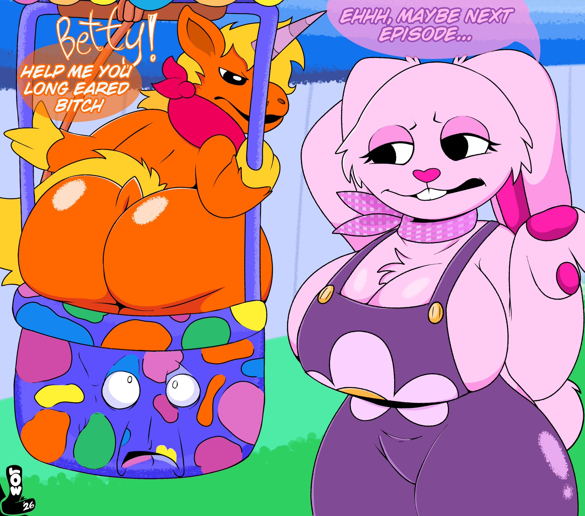 1boy, 1girl, angry, angry at partner, anthro, anthro only, ass, ass shine, ass stuck, bandana, betty bunny, big ass, big boobs, big breasts, big butt, boobs, breasts, buckteeth, buddy (film), buddy the unicorn, butt, clothing, fat ass, furry, furry female, furry male, furry only, horror movie, looking at partner, looking back, looking back at partner, mascot horror, movie, orange body, orange fur, overalls, pink bandana, pink body, pink fur, purple clothing, rabbit, rabbit ears, rabbit girl, rabbit tail, red bandana, stuck, sweet2delow, text, text box, text bubble, thick, thick ass, thick legs, thick thighs, unicorn, unicorn horn, well, yellow hair, yellow tail