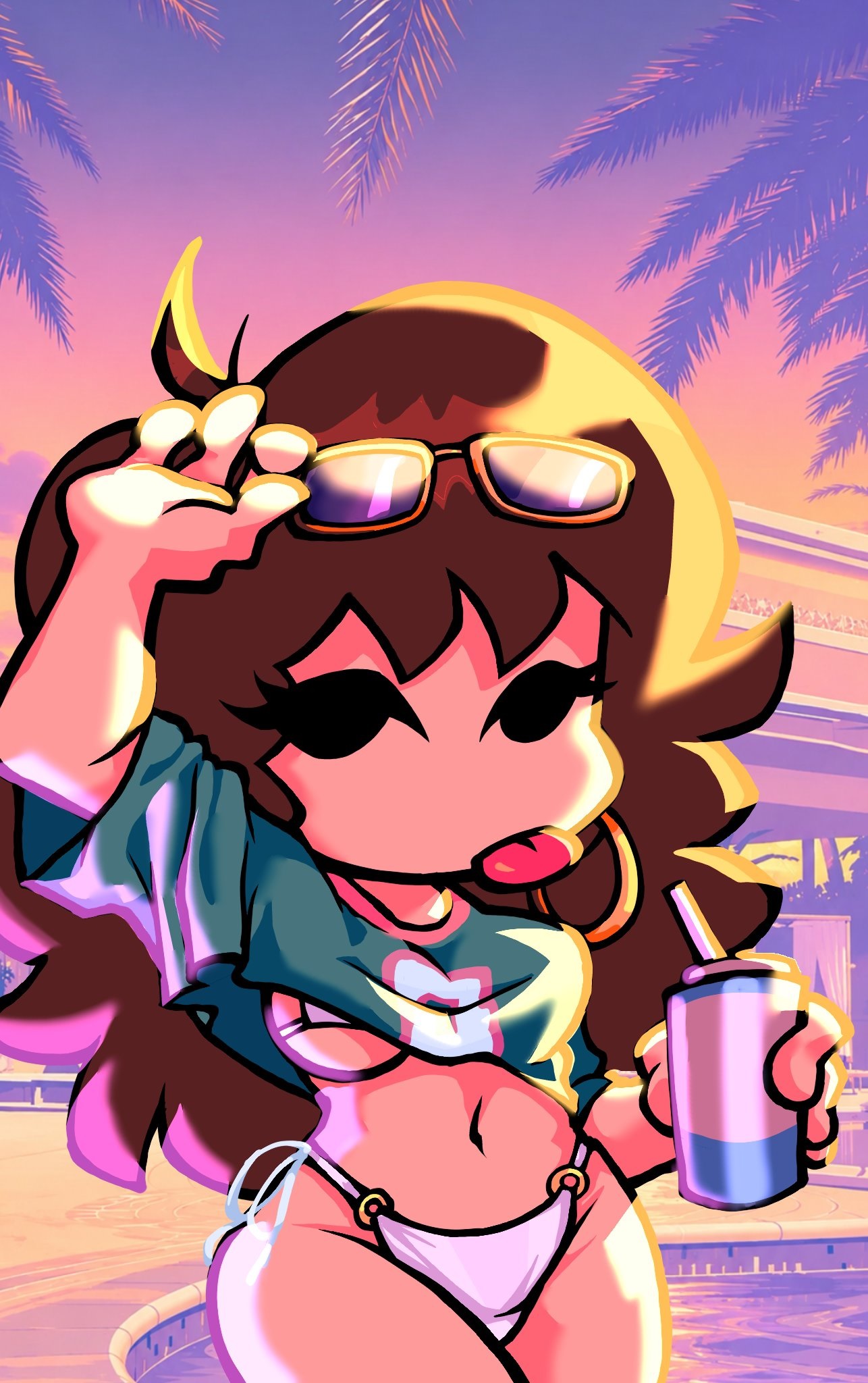 1girl, arm up, bare hips, bare legs, bikini, bikini bottom, bikini thong, bikini top, bra, breasts, brown hair, chibi, cup, curvy, drink, exposed hips, friday night funkin, girlfriend (friday night funkin), grand theft auto vi, green shirt, groin, gta vi cover girl, hip cleavage, legs, long hair, looking at viewer, parody, petite, plump, plump ass, shirt, short shirt, standing, sunglasses, teenage, teenage girl, teenager, thong, thong bikini, tongue, tongue out, white bikini, white bikini bottom, white bikini top, white bra, white thong