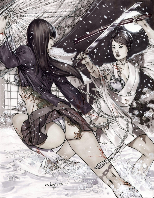 2girls eric_basaldua female female_only full_moon gogo_yubari greyscale kill_bill meteor_hammer moon o-ren_ishii snow sword tattoo thong weapon