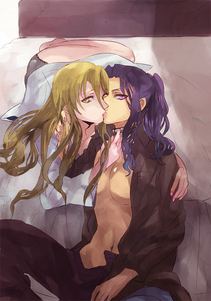 2girls blonde_hair breasts female highschool_of_the_dead kissing large_breasts looking_at_viewer mochako_(motyako) multiple_girls open_clothes open_shirt purple_eyes purple_hair rika_minami shirt shizuka_marikawa yellow_eyes yuri