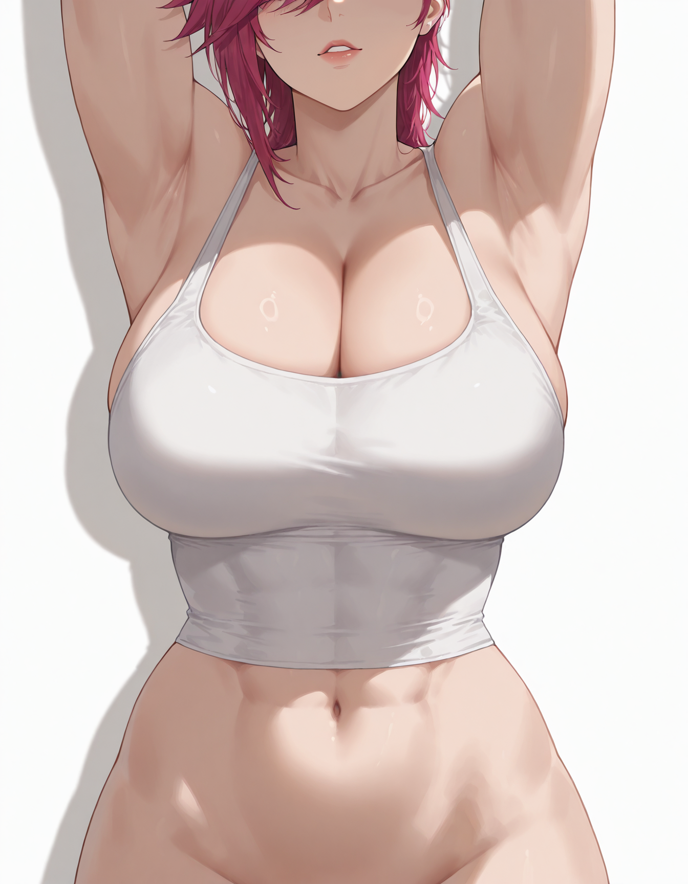 1girl, 1girls, ai generated, arcane, arms up, bare shoulders, breasts, collarbone, crop top, female, female only, head out of frame, hi res, high quality, high resolution, highres, huge breasts, league of legends, light, lips, midriff, muscular, muscular female, navel, no panties, no pants, nose, opal nemy, open mouth, pink hair, plain background, riot games, self upload, shadow, shiny, shiny clothes, shiny skin, simple background, solo, tank top, teeth, vi, vi (league of legends), white background, white tank top