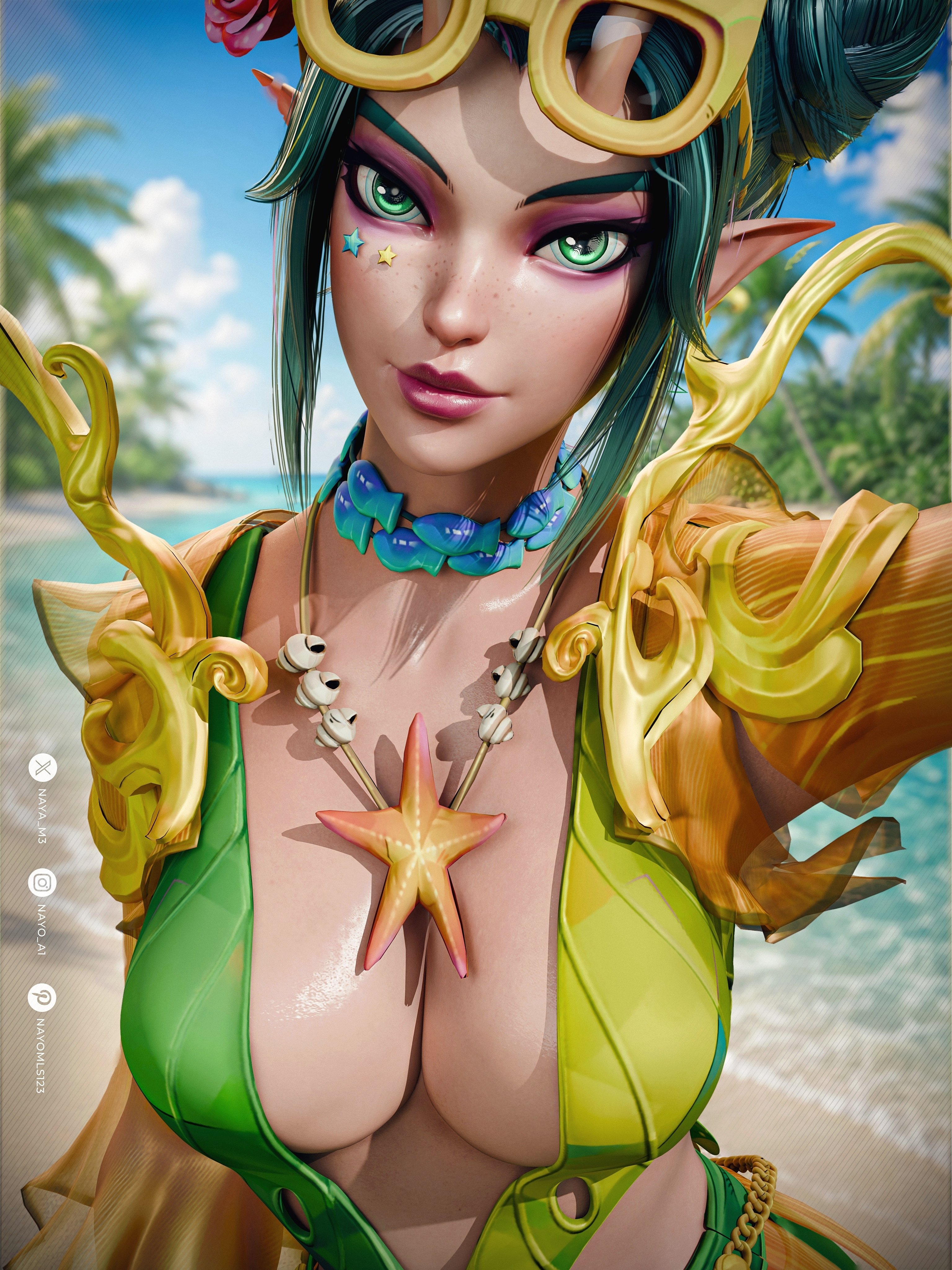1girls, 3d, beach, big breasts, cleavage, female, female only, fully clothed, mantis (marvel rivals), mantis (marvel), mantis (oceanic harmony), marvel, marvel rivals, naya m3, selfie, solo