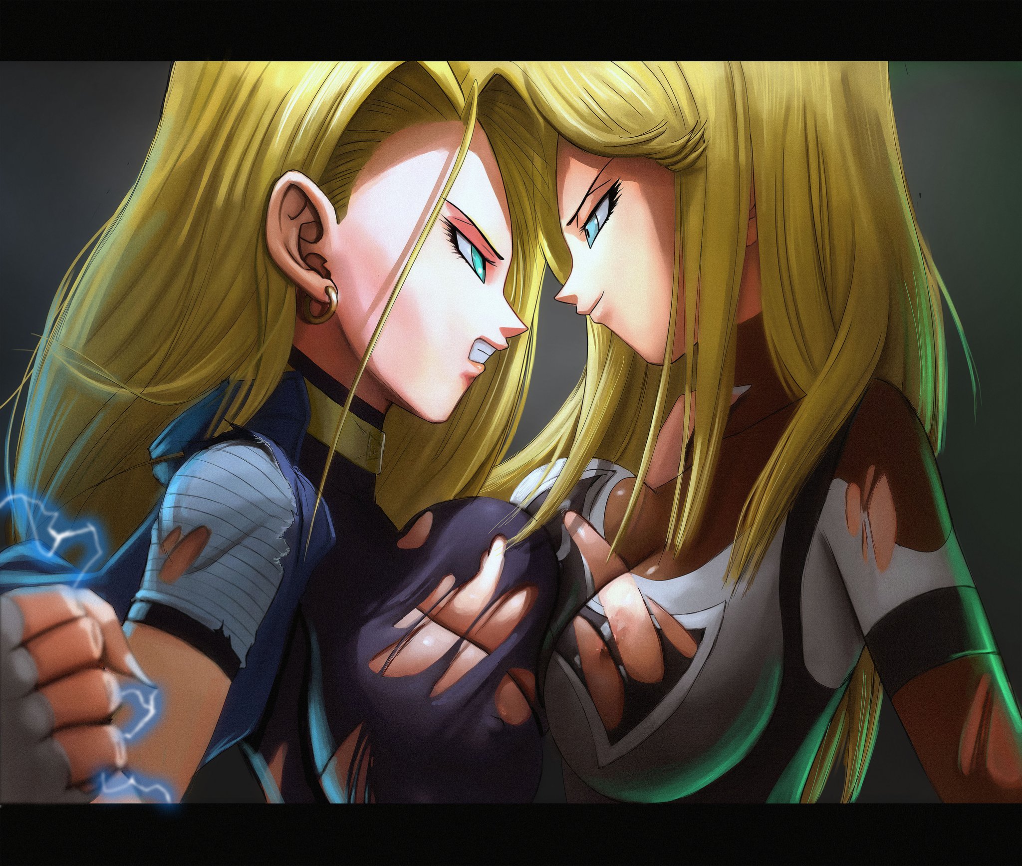 2girls, android 18, big breasts, blonde hair, blue eyes, breast press, breasts, breasts pressed together, cleavage, clone, competition, dragon ball, dragon ball super, earrings, elitenappa, eye contact, female, female only, gritted teeth, multiple females, multiple girls, nipple slip, ripped clothing, selfcest, shounen jump, smug, smug face, smug grin, smug smile