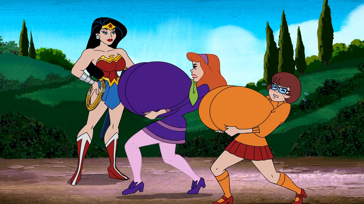 accurate art style, ascot, boots, breasts, breasts bigger than head, carrying, crossover, daphne blake, dc, dc comics, diana prince, edit, edited, edited screencap, female, fit, fit female, gigantic breasts, hands on hips, hanna-barbera, heels, holding breasts, holding own breast, hyper breasts, massive breasts, scooby-doo, scooby-doo and guess who?, screenshot edit, skirt, square glasses, struggling, superheroine, sweater, velma dinkley, wonder woman, wonder woman (series), woot