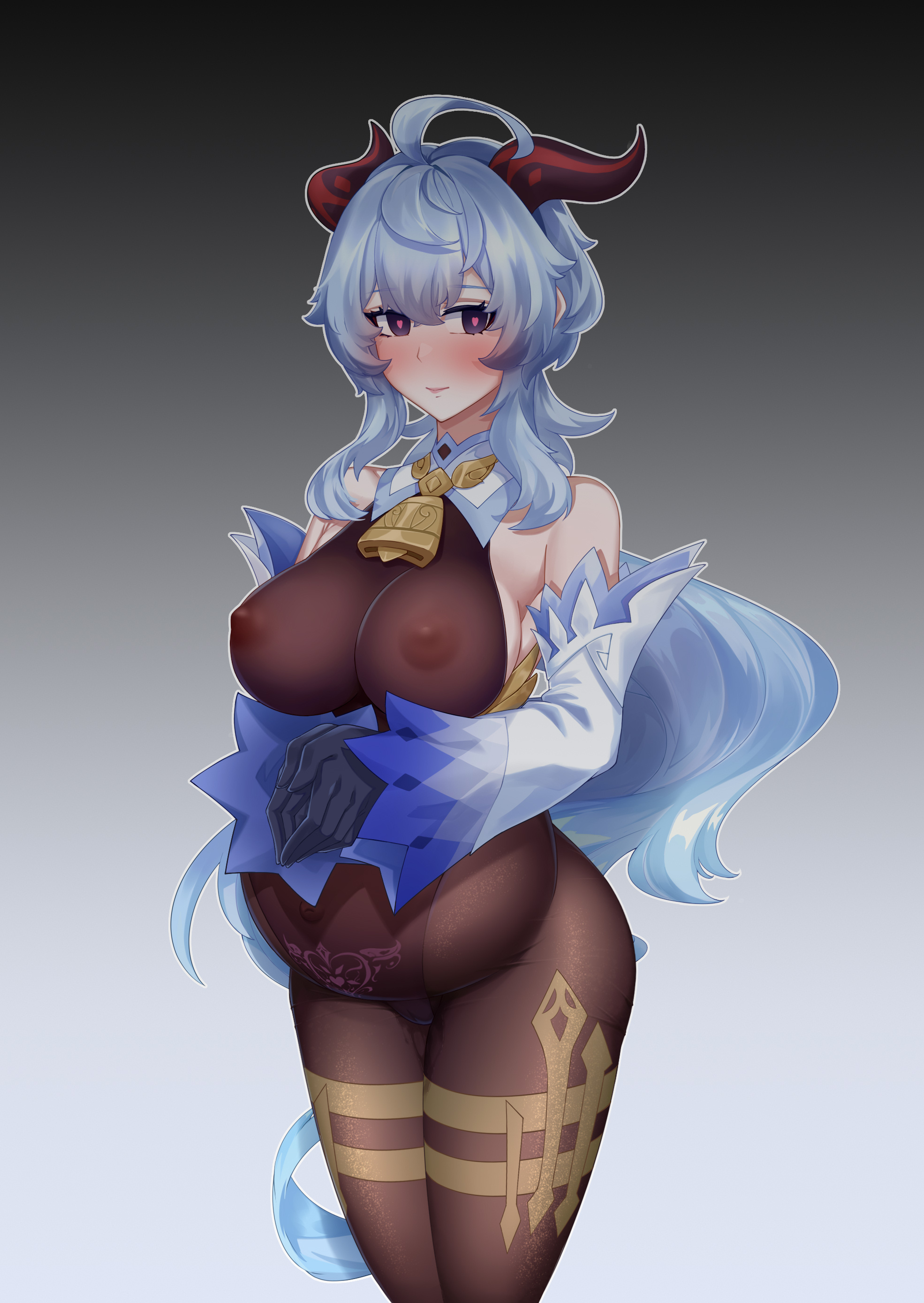 ahoge, bare shoulders, bell collar, big breasts, blue hair, blush, bodysuit, breasts, detached sleeves, female, female only, ganyu (genshin impact), genshin impact, gloves, heart-shaped pupils, horns, leotard, long hair, looking at viewer, nipples visible through clothing, no bra, pregnant, pubic tattoo, pussy, pussy juice, see-through clothing, sheer legwear, smile, solo, stomach tattoo, wet pussy