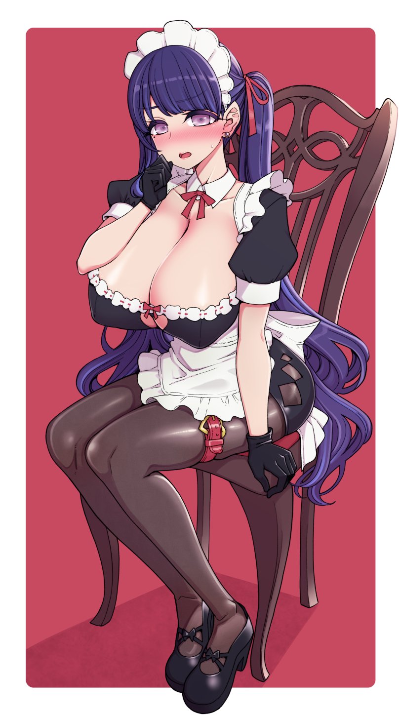 apron bangs black_gloves blush breasts chair cleavage collarbone covered_nipples detached_sleeves earrings eyebrows_visible_through_hair female genshin_impact gloves hair_ribbon hanauna highres huge_breasts jewelry long_hair maid_headdress mole mole_under_eye open_mouth pantyhose puffy_sleeves purple_eyes purple_hair raiden_shogun red_ribbon ribbon short_sleeves sitting solo stud_earrings waist_apron