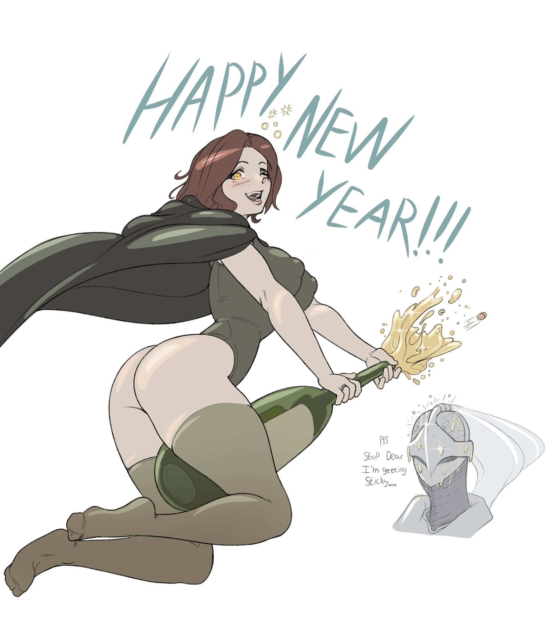 cape, champagne, elden ring, female, fromsoftware, frozenaardvark, happy new year, joke, looking at viewer, melina (elden ring), new year, no shoes, one eye closed, smile, swimsuit, the varking, thighhighs, white background, winking, winking at viewer
