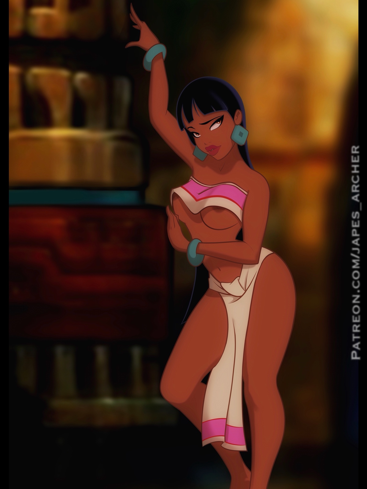 1girls, black hair, breasts, brown eyes, chel, curvy, dark skin, dark-skinned female, dreamworks, female, female only, japes, large breasts, loincloth, long hair, the road to el dorado, thick thighs, tubetop, underboob, voluptuous