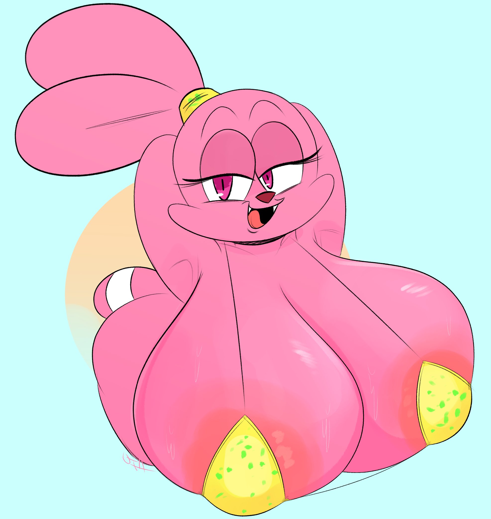 anthro, areola, bedroom eyes, big breasts, bikini, bikini top, breasts, cartoon network, chowder (series), clothing, female, hands behind head, hi res, huge breasts, lagomorph, leporid, looking at viewer, mammal, narrowed eyes, open mouth, ota (artist), panini, panini (chowder), pink areola, pink body, pink eyes, rabbit, seductive, solo, swimwear, tongue