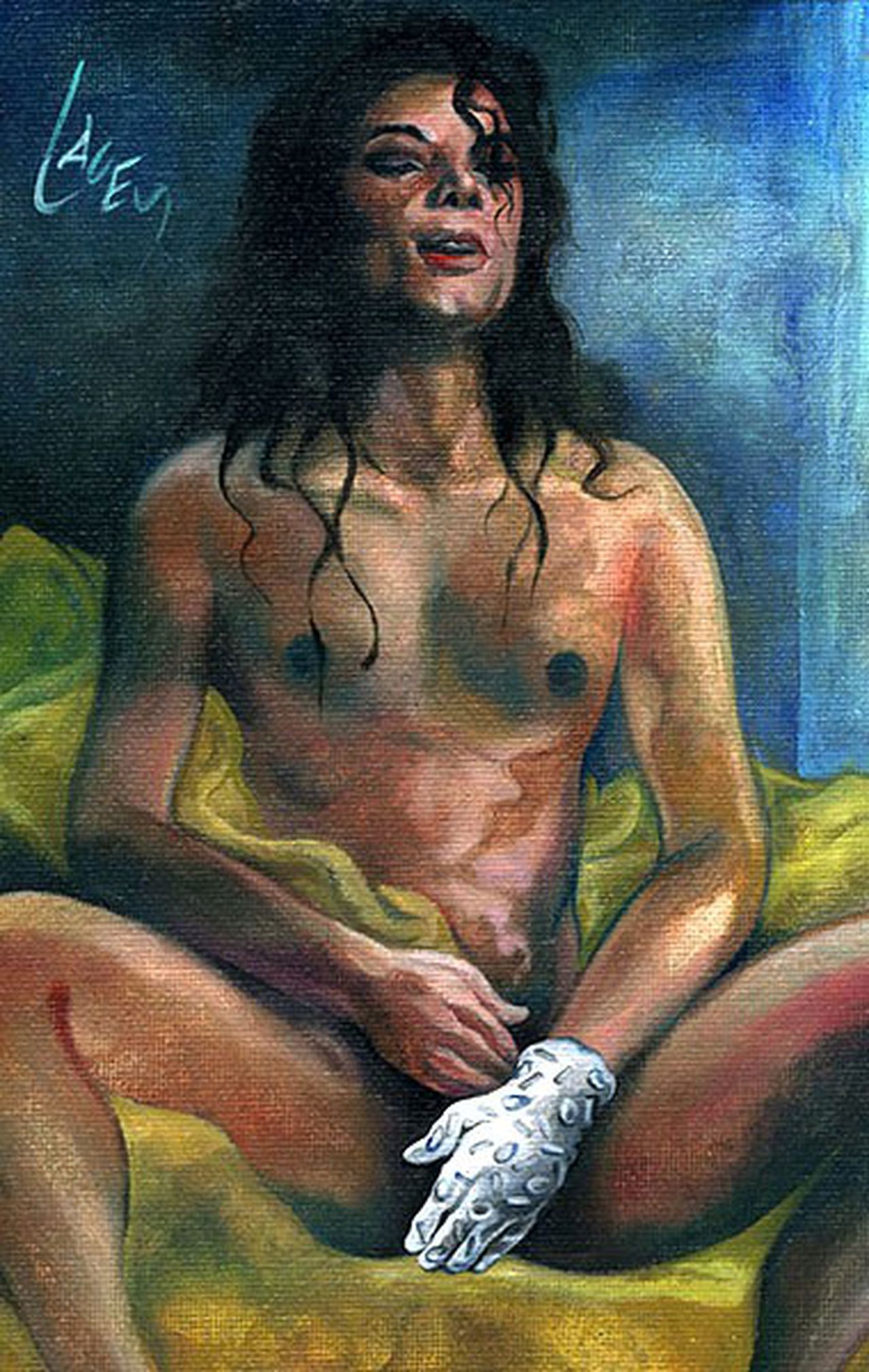 1boy celebrity closed_eyes covering covering_crotch dan_lacey glove long_hair male male_only michael_jackson musician no_visible_genitalia nude open_mouth pose real_person sequin_glove sitting solo spread_legs