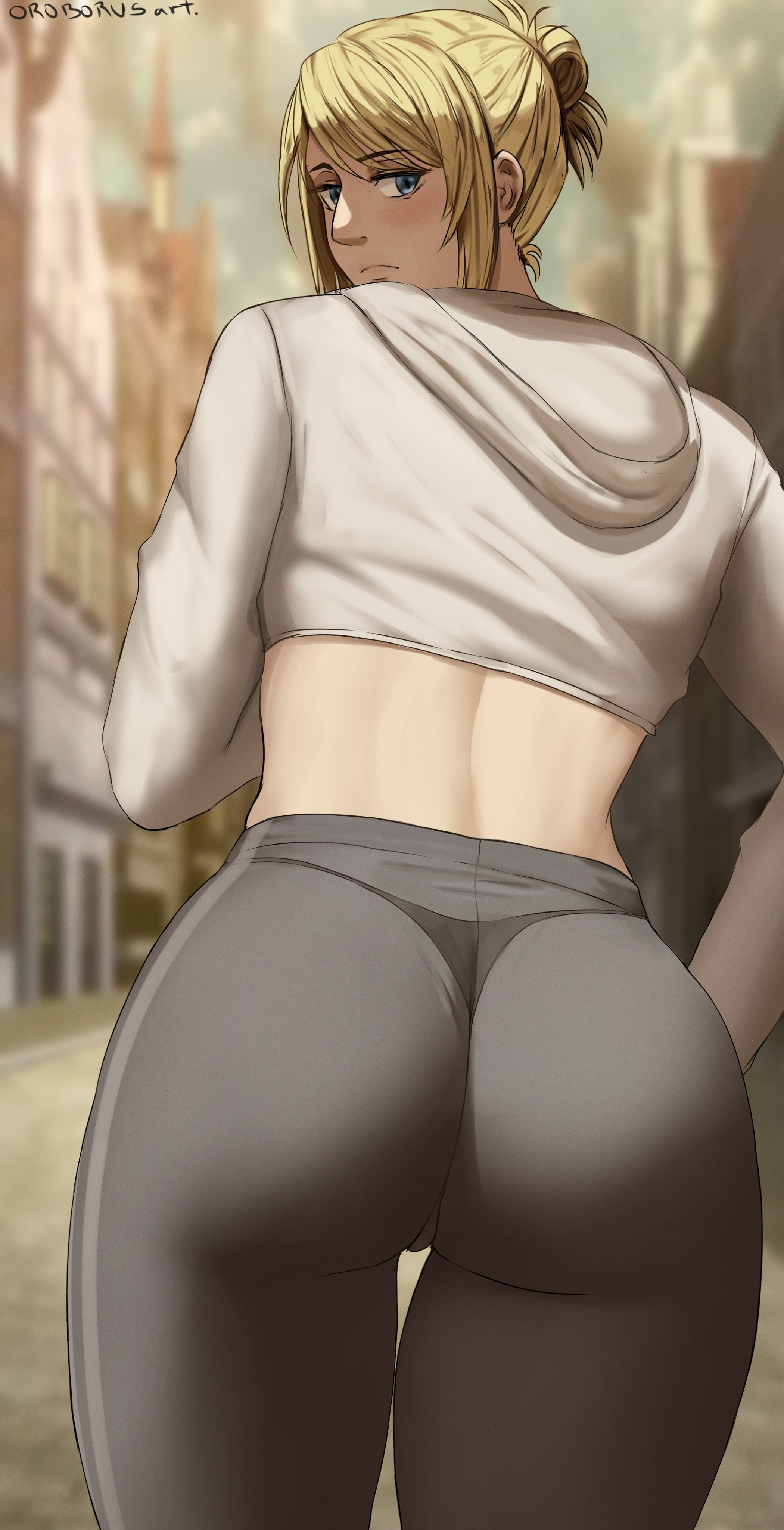 1girls, annie leonhardt, ass, attack on titan, back view, big ass, big butt, blonde hair, blue eyes, fat ass, female, female only, hoodie, large ass, leggings, looking at viewer, looking back, oroborusart, pants, petite, savagexthicc, shingeki no kyojin, solo, solo female, thick, thick ass, thick thighs, tied hair, voluptuous