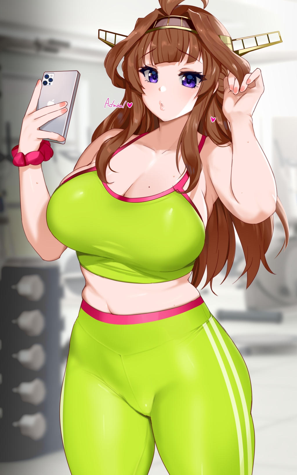 alternate_breast_size bra breasts brown_hair calling cellphone collarbone cowboy_shot double_bun exercise_machine eyebrows_visible_through_hair female green_bra green_legwear green_sports_bra gym hair_between_eyes hairband headgear highres holding holding_phone indoors kantai_collection kongou_(kantai_collection) kusaka_souji large_breasts leggings long_hair looking_at_phone pants phone purple_eyes smartphone solo sports_bra sportswear stomach underwear weights yoga_pants