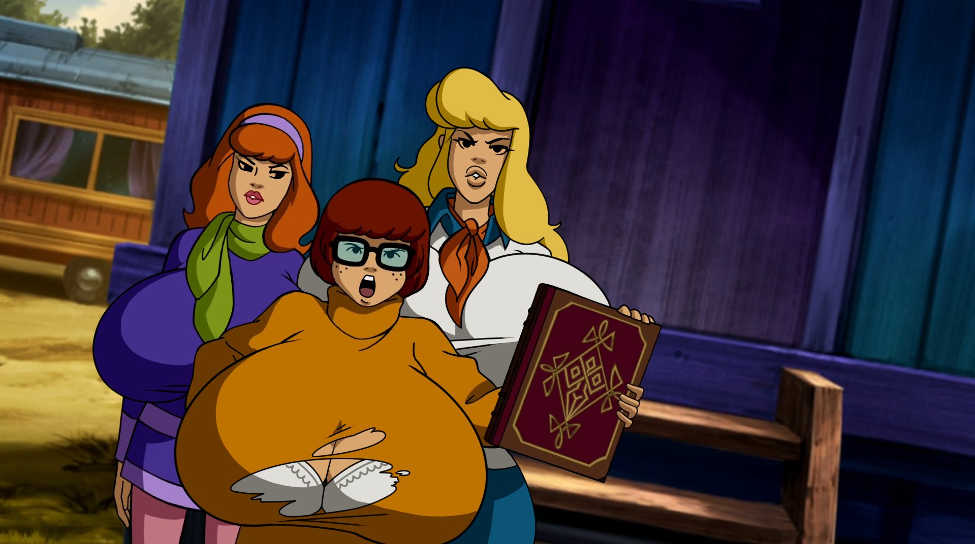 angry, book, bra, breast expansion, breast growth, breast growth (enlargement), breasts, cleavage, daphne blake, edit, edited, edited screencap, expansion, female, fred jones, hanna-barbera, huge breasts, hyper breasts, ripped clothing, rule 63, scooby-doo, screenshot edit, square glasses, sweater, velma dinkley, woot