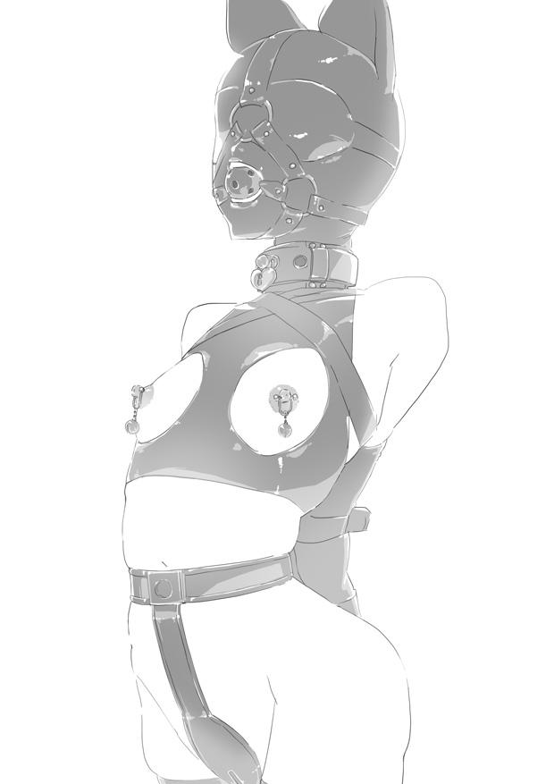 armbinder, artist request, ball gag, blindfold, bondage, breasts, chastity, chastity belt, chastity device, female, female chastity, femsub, gag, latex, latex hood, nipple piercing, nipples, piercing, small breasts, solo, solo female, solo focus, tagme