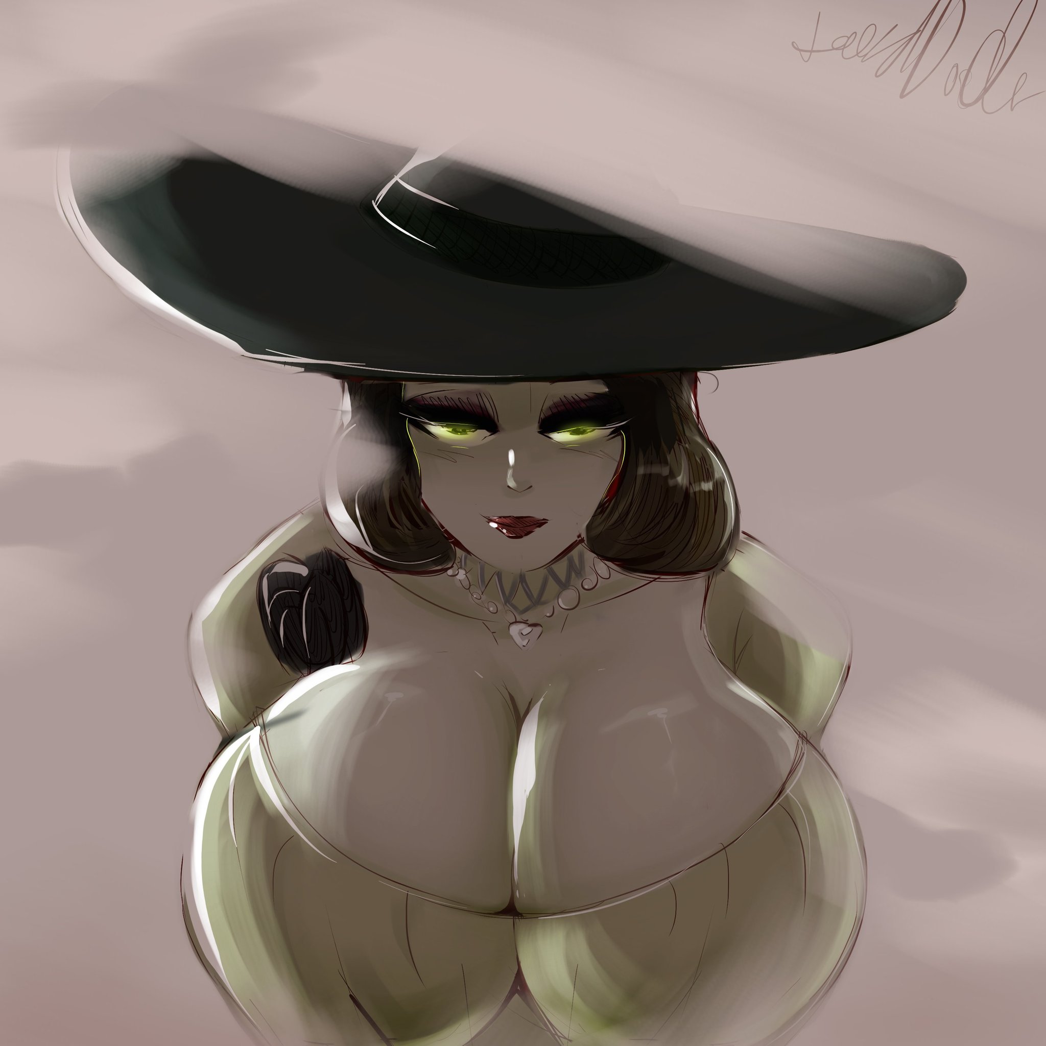 1girls, accessory, alcina dimitrescu, big breasts, black hair, breasts, cleavage, dress, eye contact, female, female only, hat, huge breasts, jewelry, large breasts, lewddoodler, light skin, light-skinned female, lipstick, looking at viewer, milf, resident evil, resident evil 8: village, short hair, solo, solo female, tagme