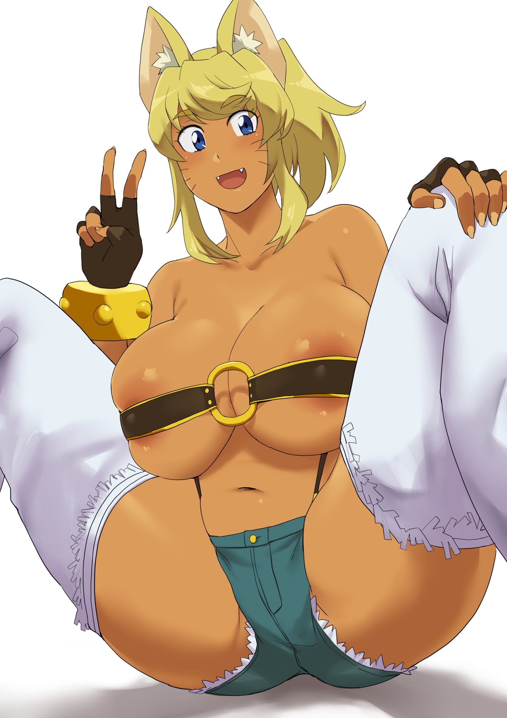 1girls, animal ears, bandeau, blonde female, blonde hair, breasts, daisy dukes, dark skin, dark-skinned female, female, grin, large breasts, liru, minakami, ponytail, renkin san-kyuu magical pokaan, solo, spread legs, v, wolf ears, wolf girl