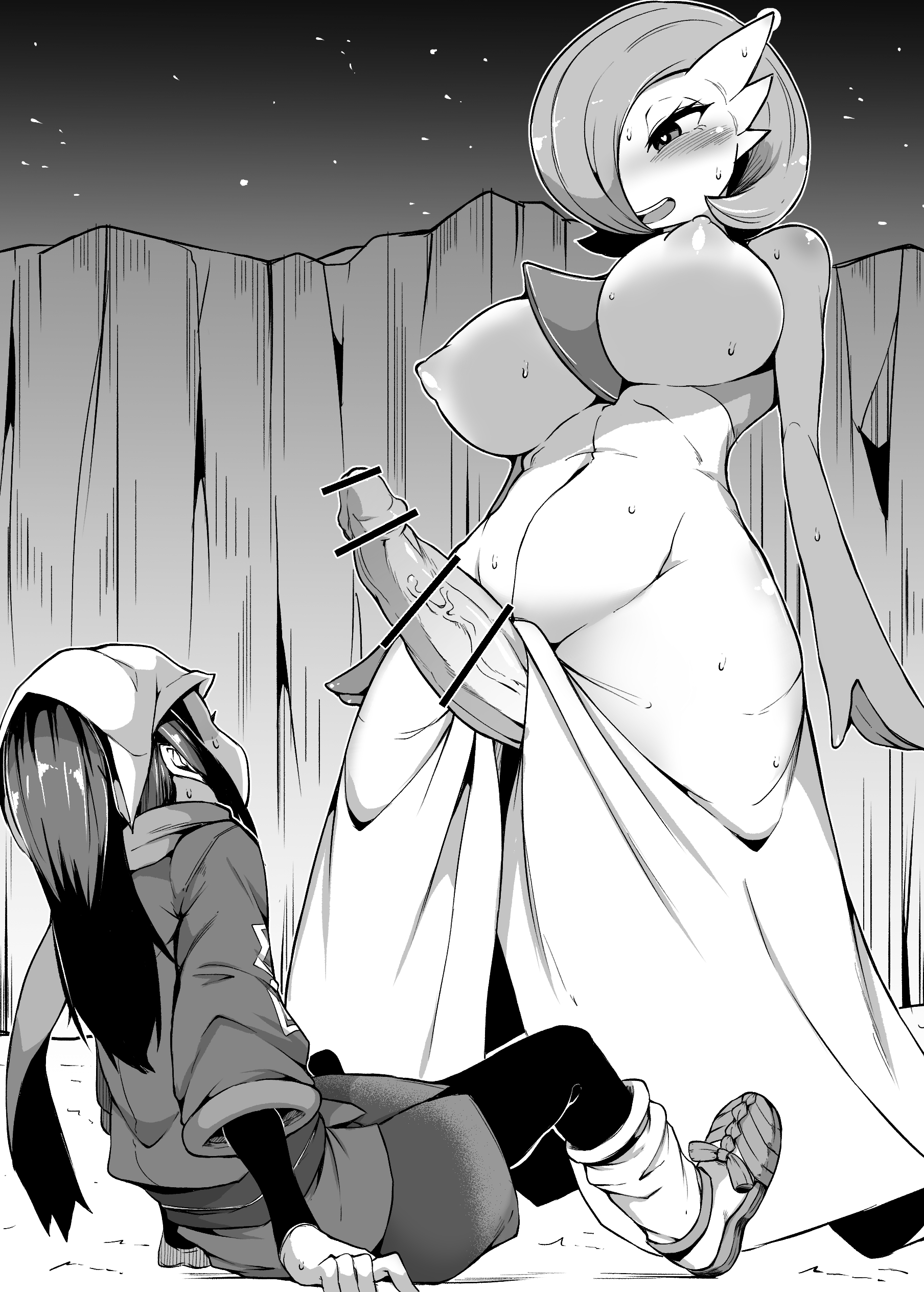 1futa, 1girls, akari (pokemon), alpha pokemon, areolae, big breasts, big penis, blush, breasts, censored, clothed, clothing, duo, erection, erection under clothes, female, futa on female, futanari, gardevoir, huge cock, human, humanoid, humanoid penis, imminent rape, imminent sex, intersex, large breasts, large penis, makin tama, monochrome, mostly clothed, nintendo, nipples, outdoors, penis, pokemon, pokemon (species), pokemon legends: arceus, pokephilia, rape, standing, sweat, thick thighs, wide hips