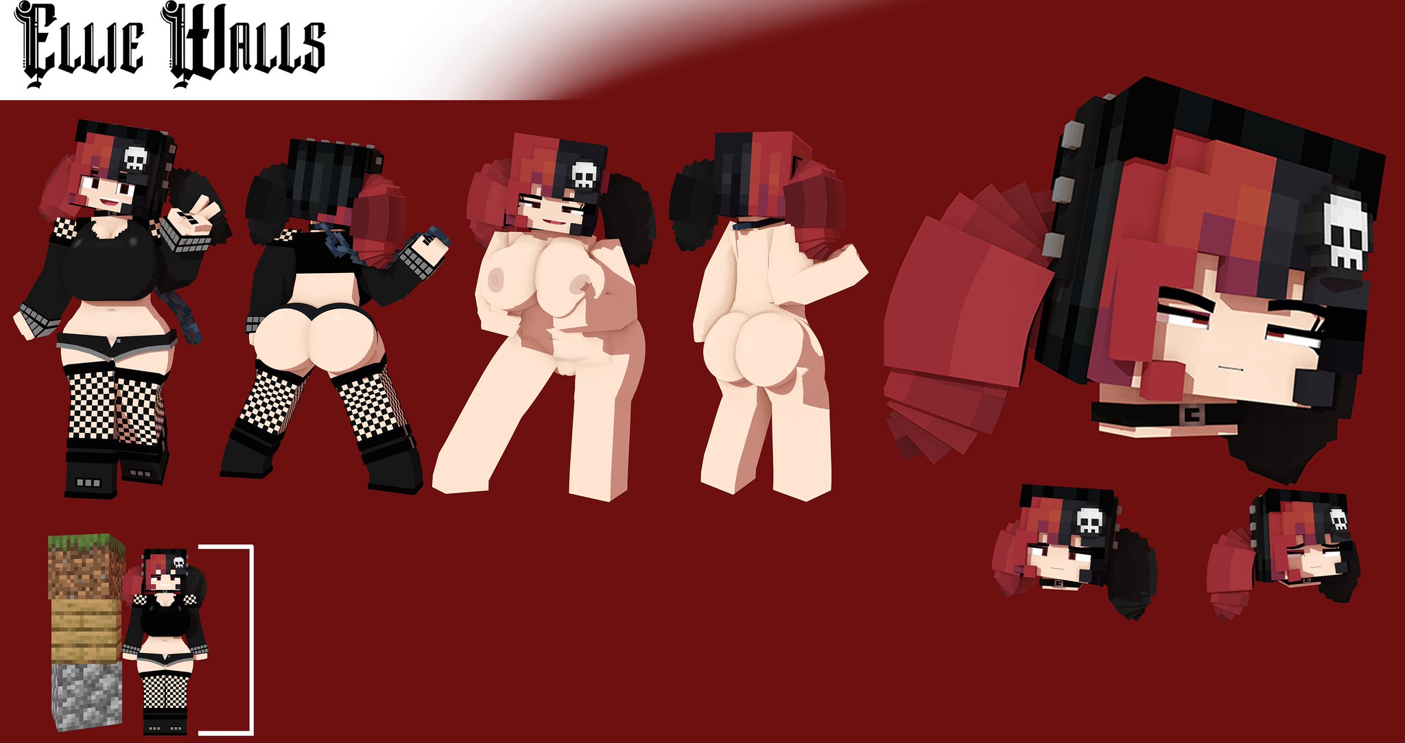 1girls, 3d, ass, big ass, big breasts, black and red hair, black hair, booty shorts, breasts, character profile, character sheet, clothed, commission, ellie walls (odysseyellie), female, female only, goth, goth girl, horny, horny female, human, humanoid, lifting breasts, mine-imator, minecraft, multicolored hair, multiple views, nude, odysseyellie, peace sign, ponytails, red eyes, red hair, reference sheet, solo, solo focus, spiked hairband, spread legs, tagme, tall