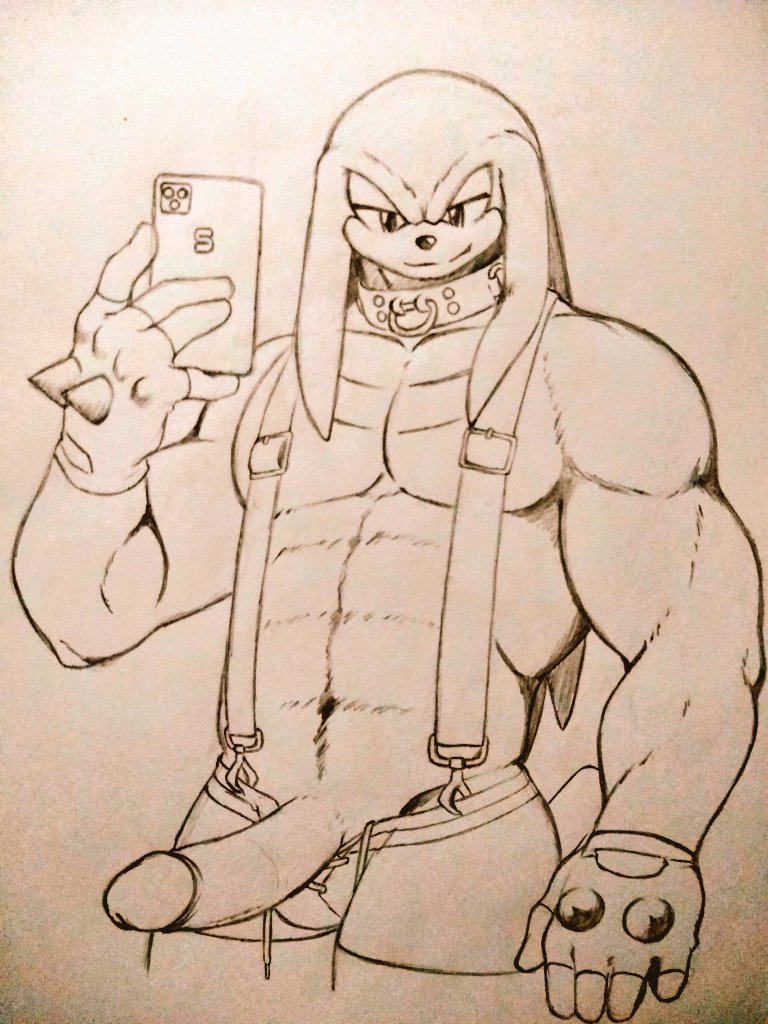 abs anthro genitals knuckles_the_echidna looking_at_viewer male male_only muscular muscular_male penis phone sega selfie solo sonic_(series) sonic_the_hedgehog_(series) suspenders tailverknk