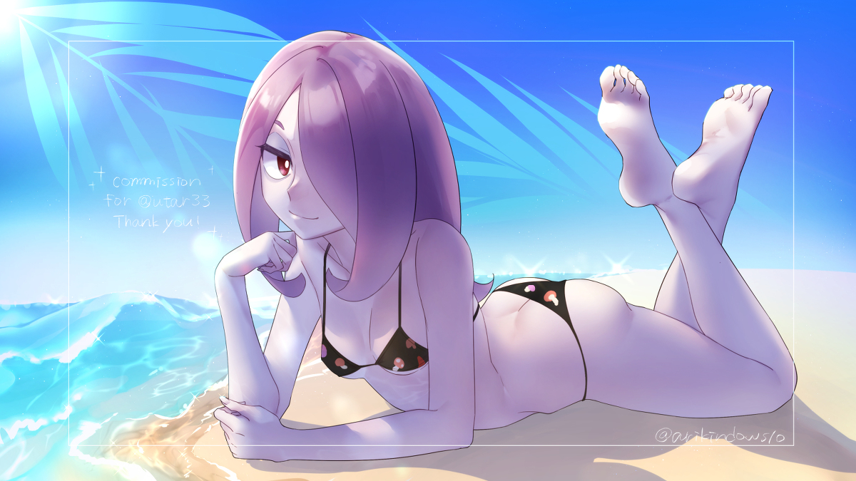 1girls, alternate costume, arikindows10, beach, bikini, breasts, commission, feet, female, female only, filipino, hair over one eye, half-closed eyes, little witch academia, looking at viewer, medium hair, on stomach, pixiv, purple hair, purple skin, red eyes, small breasts, smile, solo, sucy manbavaran, swimsuit, tagme, teenager, water, watermark, witch