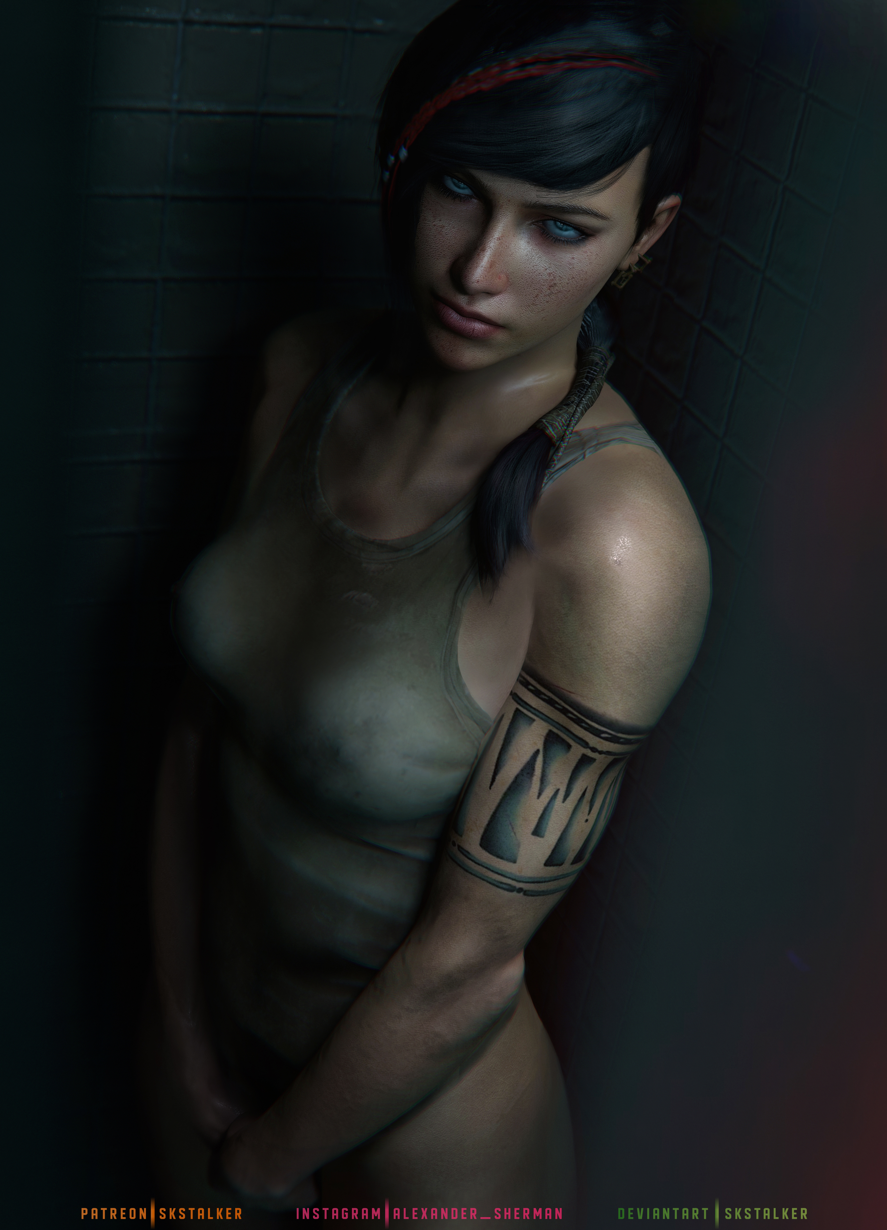 1girls, absurd res, bare arms, bare legs, bare shoulders, bare thighs, black hair, blue eyes, bottomless, braid, breasts, chromatic aberration, ear piercing, earrings, female, female focus, female only, freckles, gears of war, gears of war 4, kait diaz, large filesize, looking at viewer, medium breasts, nipple bulge, ponytail, skstalker, solo, solo female, solo focus, tank top, tattoo