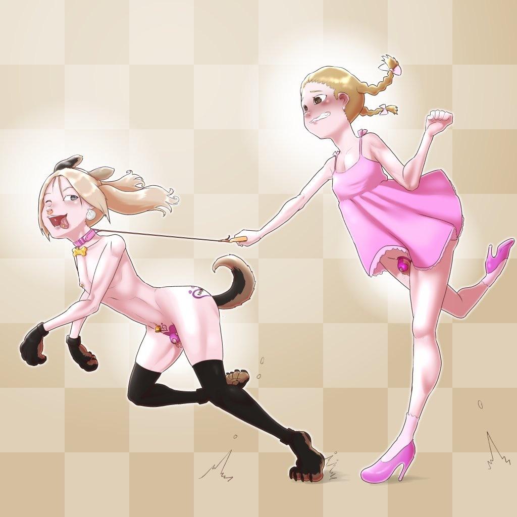 2boys blonde_hair bottomless chastity chastity_cage chastity_device cock_cage collar dog_ears dog_tail femboy leash nimbletail nipple_piercing nipples pet pet_play petplay pink_chastity_cage pink_dress sissy stockings_thigh_highs tagme tail_plug trap