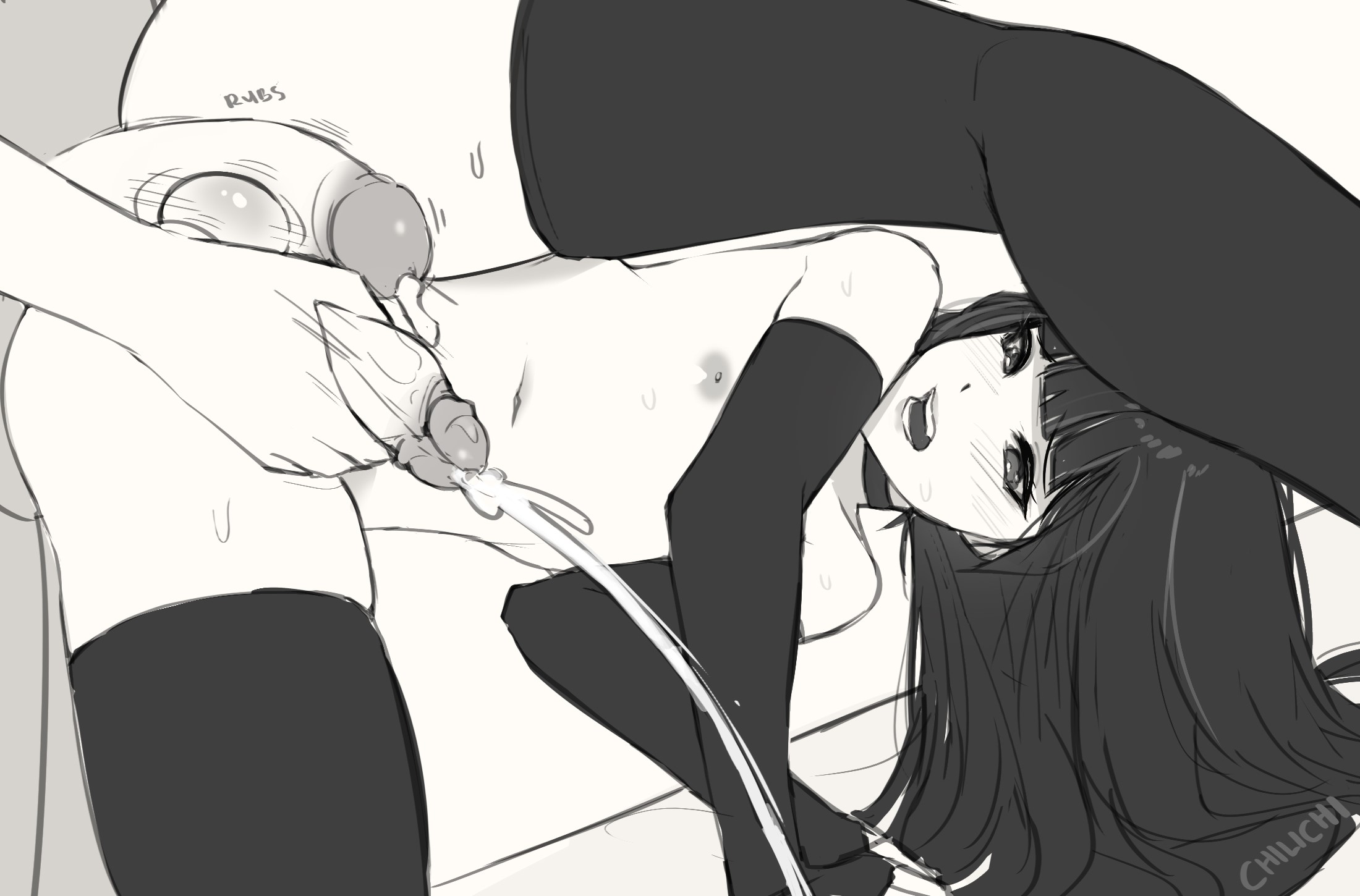2boys, all fours, balljob, blush, chilichi, cum, cumshot, femboy, frottage, gay, girly, handjob, looking back, male, monochrome, original, original character, thighhighs, trap, upside-down, yaoi