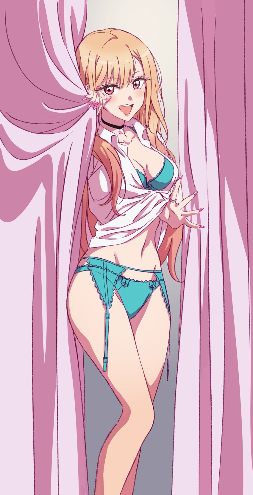 :d absurdres aqua_bra aqua_panties black_choker blonde_hair blush bow bow_panties bra breasts choker cleavage clothes_lift collared_shirt curtain_grab curtains dress_shirt fake_nails female garter_belt garter_straps gyaru highres kitagawa_marin long_fingernails no_pants open_mouth panties red_eyes school_uniform shirt shirt_lift smile solo sono_bisque_doll_wa_koi_wo_suru underwear white_shirt yamazakijun