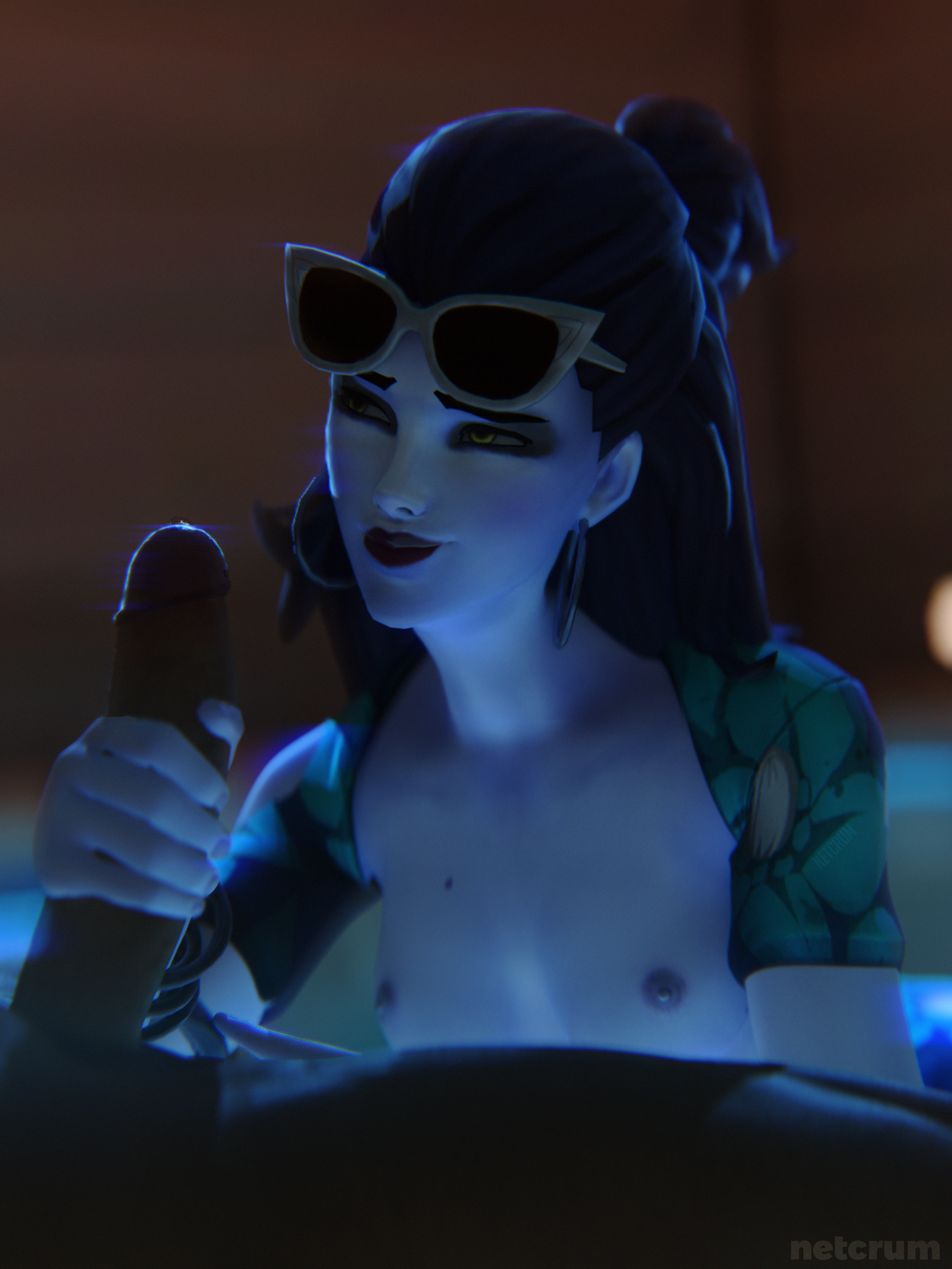 1boy, 1girls, 3d, 3d (artwork), amelie lacroix, black penis, blender (software), blizzard entertainment, blue hair, blue skin, breasts, clothed, cote d'azur widowmaker, dark skin, dark-skinned male, female, glasses, handjob, interracial, jerking, jerkingoff another, looking at partner, male, netcrum, overwatch, penis, ponytail, sex, smile, smug, unseen male face, widowmaker, yellow eyes