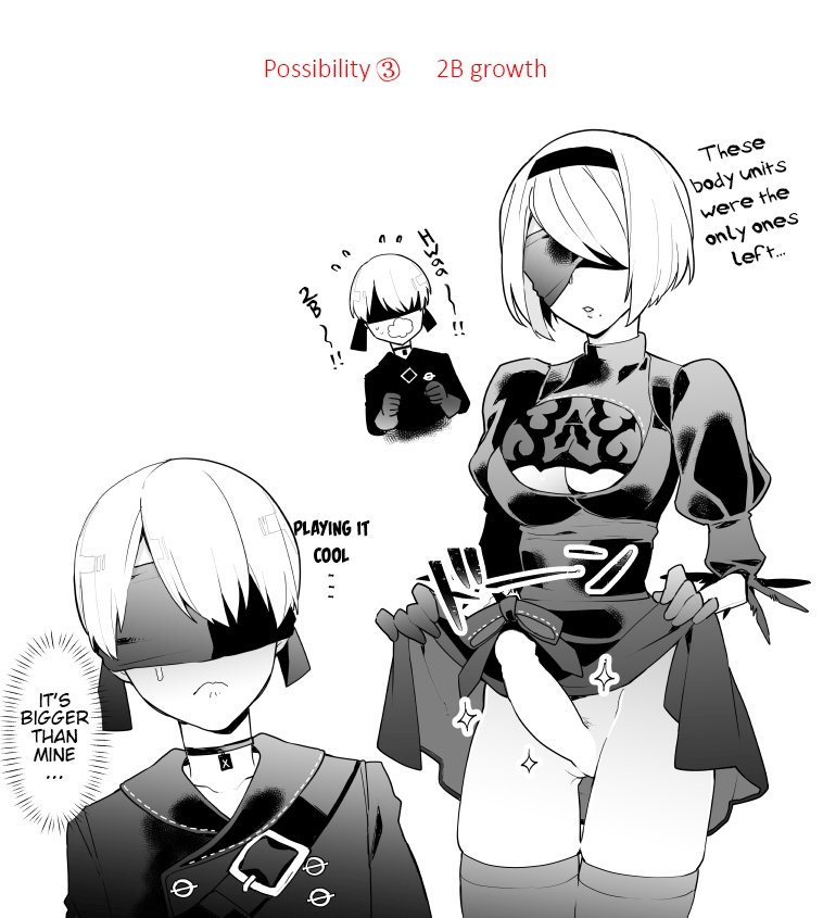 1boy, 1futa, android, big penis, black and white, blindfold, bottomless, breasts, clothed, clothing, dialogue, english text, erect penis, erection, futa focus, futa sans balls, futanari, hairband, intersex, itoh kani, male, nier, nier: automata, partially clothed, penis, penis size difference, skirt, skirt lift, standing, text, thigh gap, thighhighs, translated, white hair, yorha 2b, yorha 9s