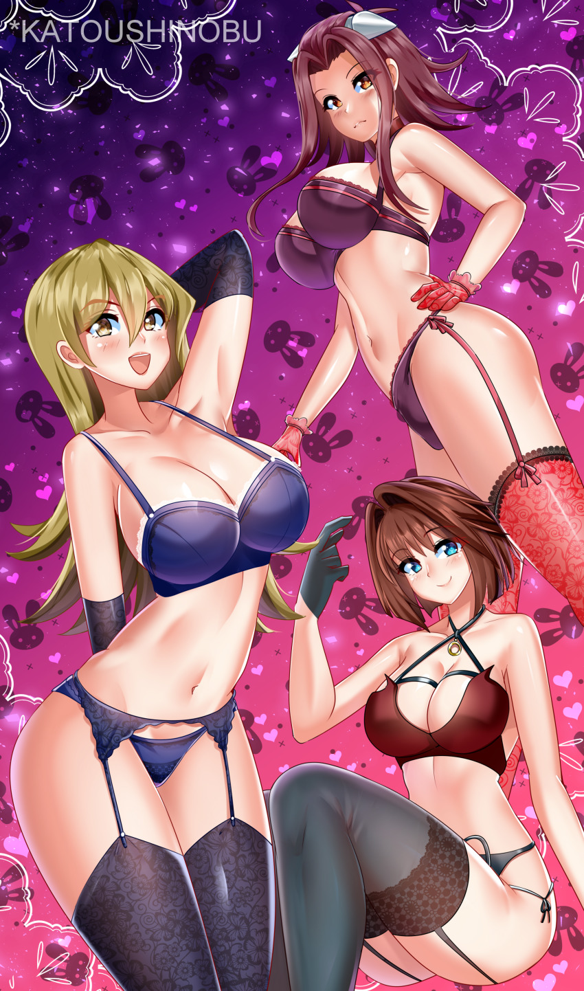 3girls absurdres akiza_izinski alexis_rhodes armpits artist_name artist_request ass blonde_hair blue_eyes bra breasts brown_hair cleavage curvy female gloves gradient gradient_background hair_ornament hand_on_hip highleg highleg_panties highres izayoi_aki katou_shinobu large_breasts lingerie long_hair looking_at_viewer mazaki_anzu multiple_girls navel open_mouth panties red_eyes red_hair shiny shiny_clothes shiny_hair shiny_skin short_hair smile tea_gardner tenjouin_asuka thighhighs underwear yellow_eyes yu-gi-oh! yu-gi-oh!_5d's yu-gi-oh!_duel_monsters yu-gi-oh!_gx