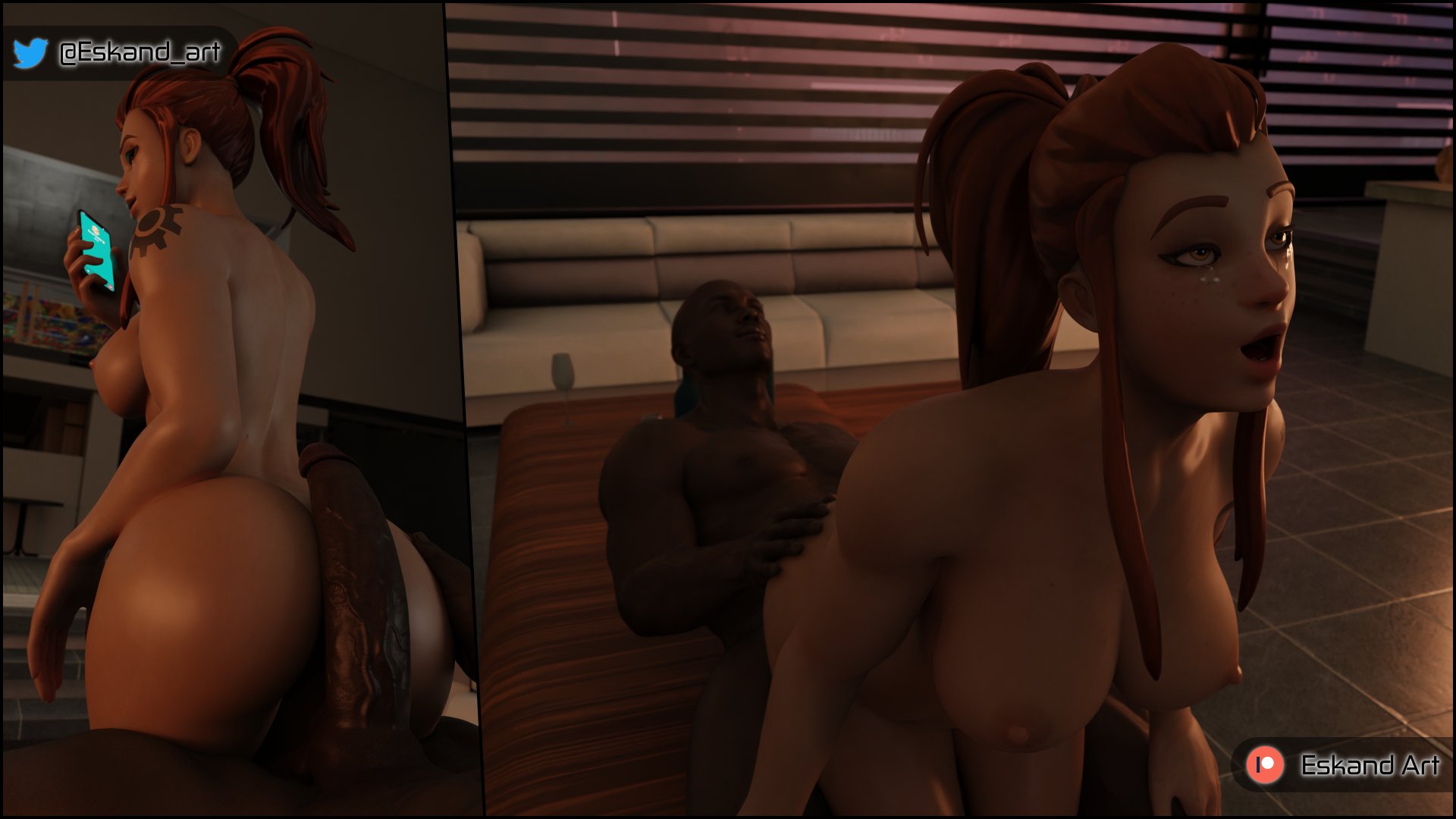 1boy, 1girls, 3d, 3d (artwork), ass, blender (software), blizzard entertainment, breasts, brigitte, brigitte lindholm, brown eyes, brown hair, cowgirl position, dark skin, dark-skinned male, eskandart, eyeliner, fat ass, female, freckles, huge cock, interracial, large penis, light skin, light-skinned female, male, nipples, nude, nude female, orgasm, orgasm face, overwatch, penis, phone, phone call, ponytail, reverse cowgirl position, sex, tattoo, thick ass, tied hair, watermark