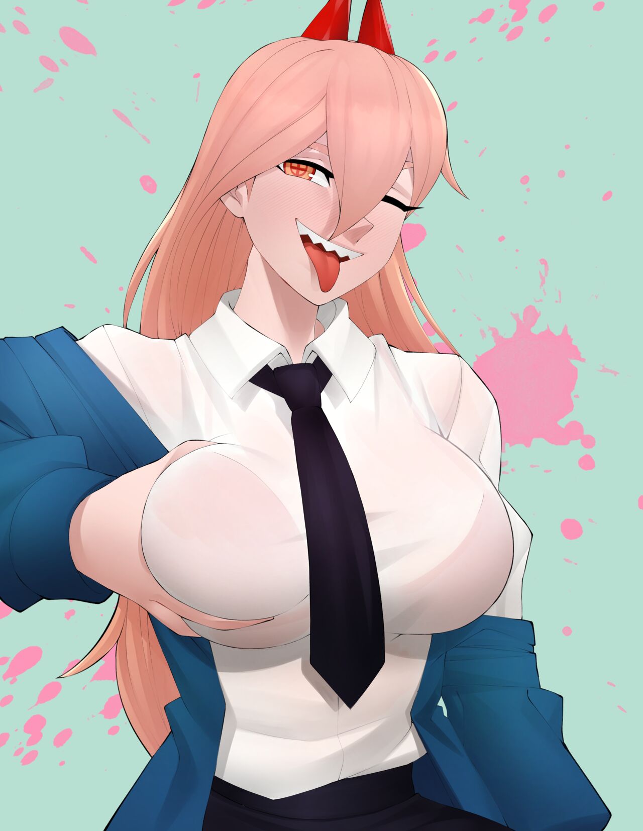 1girls, big breasts, blonde hair, blush, bra, bra visible through clothes, breast grab, breasts, chainsaw man, clothing, demon, demon girl, demon horns, female, female only, flytrapxx, fully clothed, grabbing own breast, light skin, light-skinned female, long hair, looking at viewer, necktie, office clothing, one eye closed, orange eyes, power (chainsaw man), sharp teeth, solo, tie, tight clothing, tongue, tongue out, translucent clothing