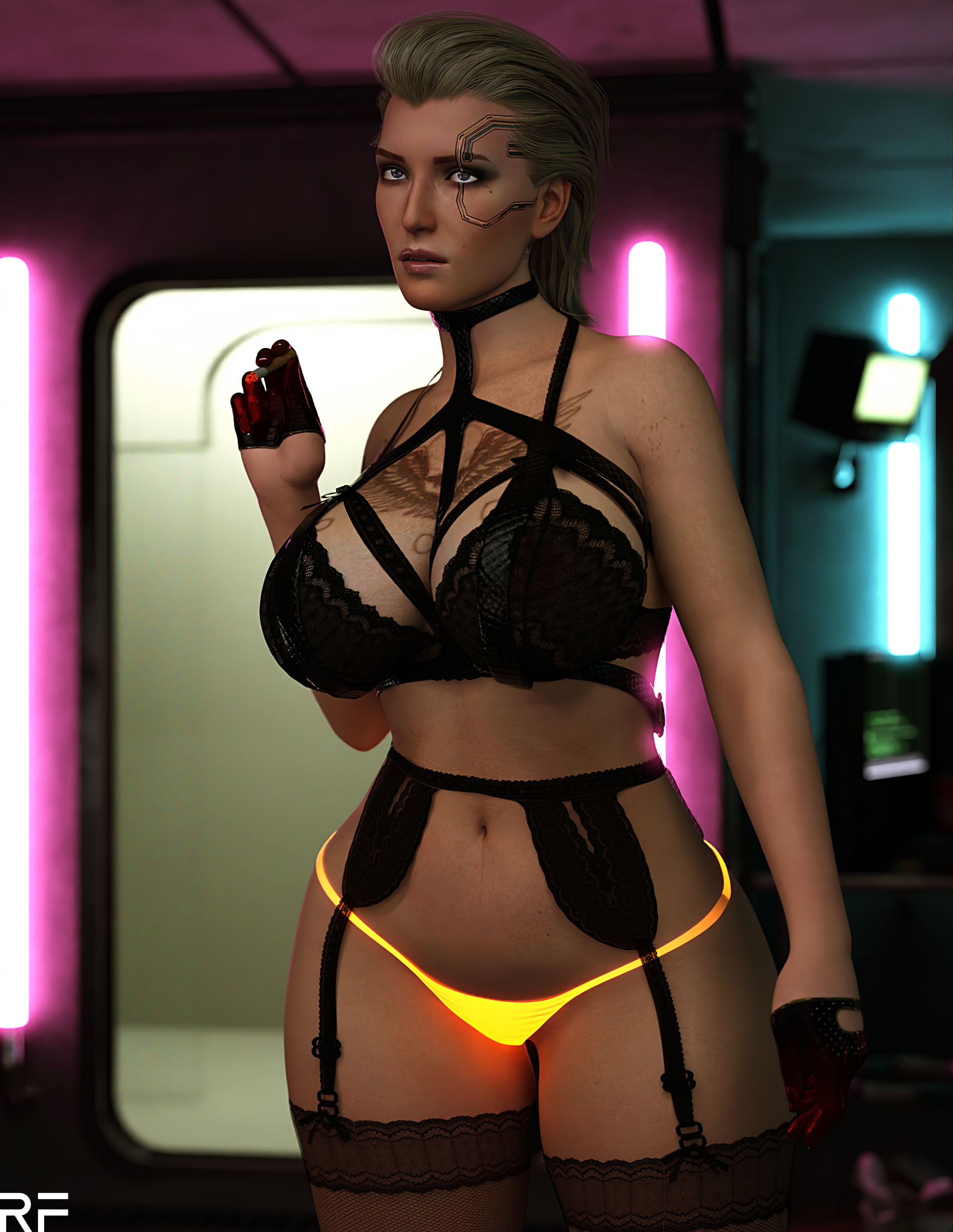 1girls, 3d, absurd res, big breasts, bra, breasts, cleavage, cyberpunk 2077, female, female only, garter belt, garter straps, hi res, large breasts, lingerie, mature, mature female, meredith stout, panties, rude frog, solo, tattoo