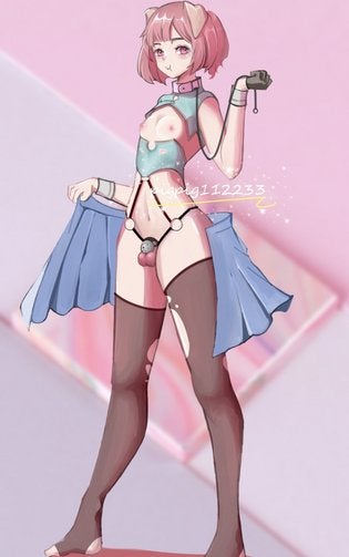 1boy, blue skirt, chastity, chastity cage, chastity device, cock cage, femboy, lowres, male, penis, pig ears, pigpig112233, pink hair, pink nipples, sissy, solo, solo focus, solo male, tagme, trap