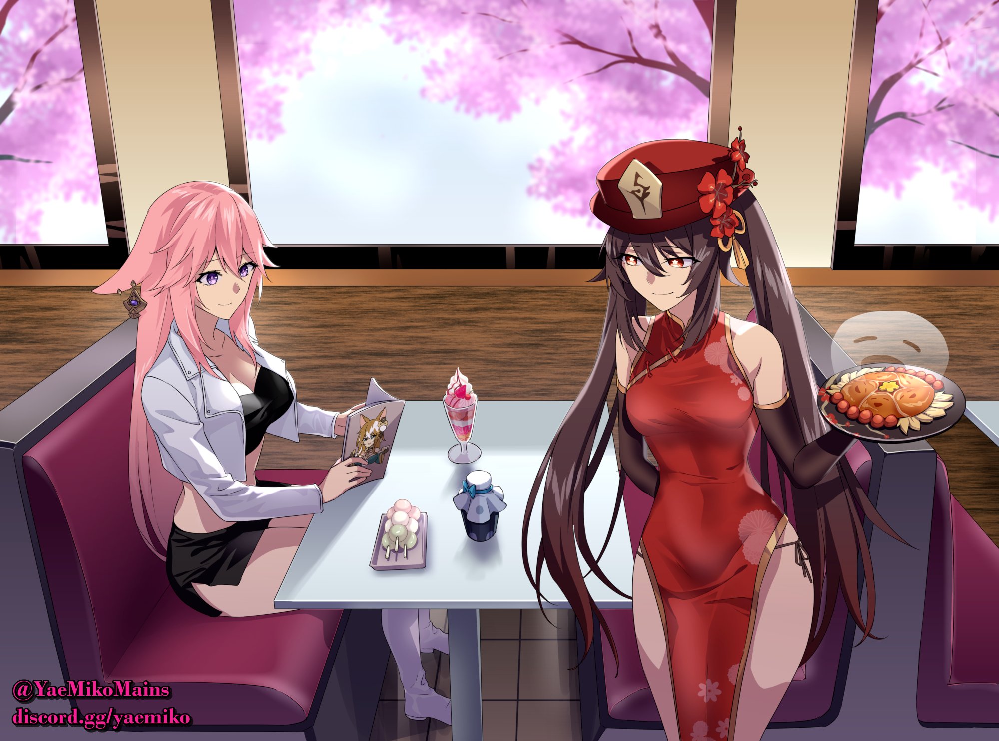 2girls, black panties, book, breasts, brown hair, china dress, chinese clothes, cleavage, dango, female, female only, food, fox, fox ears, fox girl, genshin impact, ghost, hat, hu tao (genshin impact), ms hina (genshin impact), panties, pink hair, qipao, restaurant, side-tie panties, sitting, skirt, table, underwear, waitress, yae miko