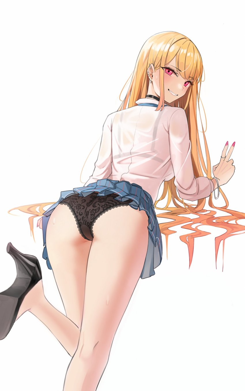 1girls, absurdres, ass, bare legs, black panties, blonde hair, blue skirt, commentary, english commentary, female, fringe, gyaru, high heels, highres, kiritzugu, kitagawa marin, leg up, long fingernails, long hair, looking at viewer, nail polish, one leg up, panties, petite, pink eyes, pink nails, red eyes, red hair, see-through shirt, skirt, small ass, sono bisque doll wa koi wo suru, two-tone hair, underwear, v