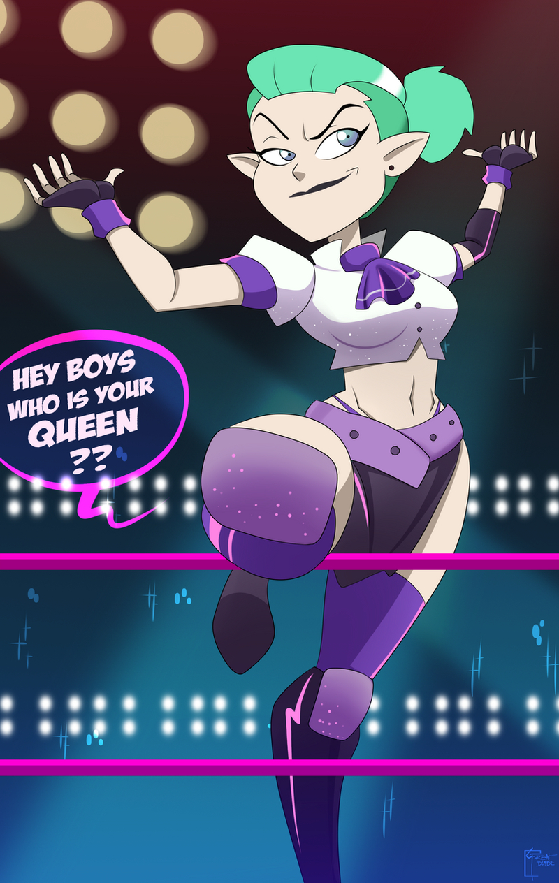 1girls, adapted costume, crop top, dialogue, disney, disney channel, female, female only, fingerless gloves, gloves, great dude, green hair, hair pulled back, knee boots, knee pads, leg up, milf, miniskirt, odalia blight, pointy ears, ponytail, puffy sleeves, short ponytail, short sleeves, smile, smooth skin, solo, speech bubble, standing on one leg, talking, the owl house, thighhighs, wrestling outfit, wrestling ring