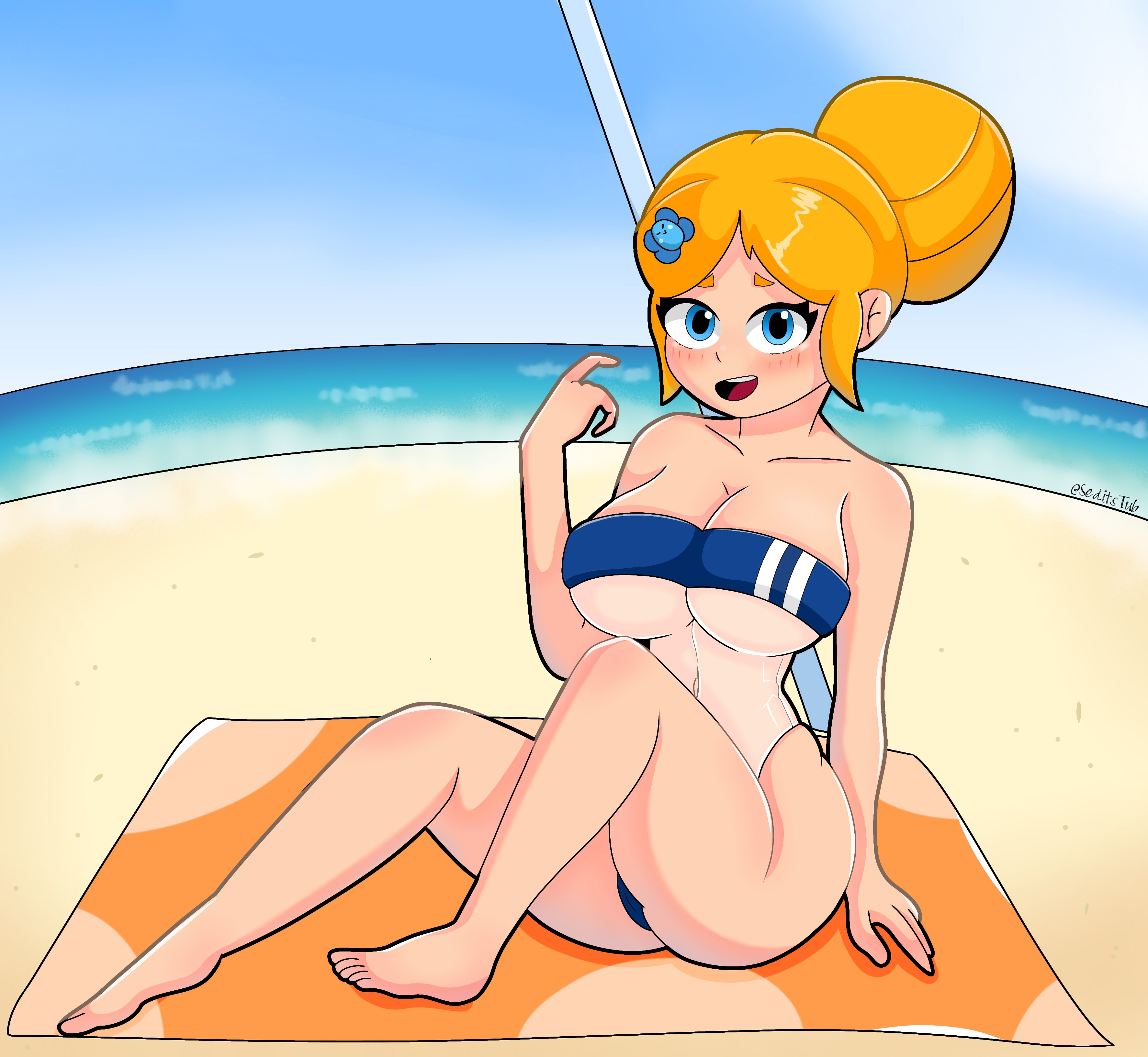 beach, beach towel, blonde hair, blush, brawl stars, day, feet, female, gris swimsuit, hair bun, looking at viewer, open mouth, piper (brawl stars), seditstub, smile, supercell, tagme, teeth