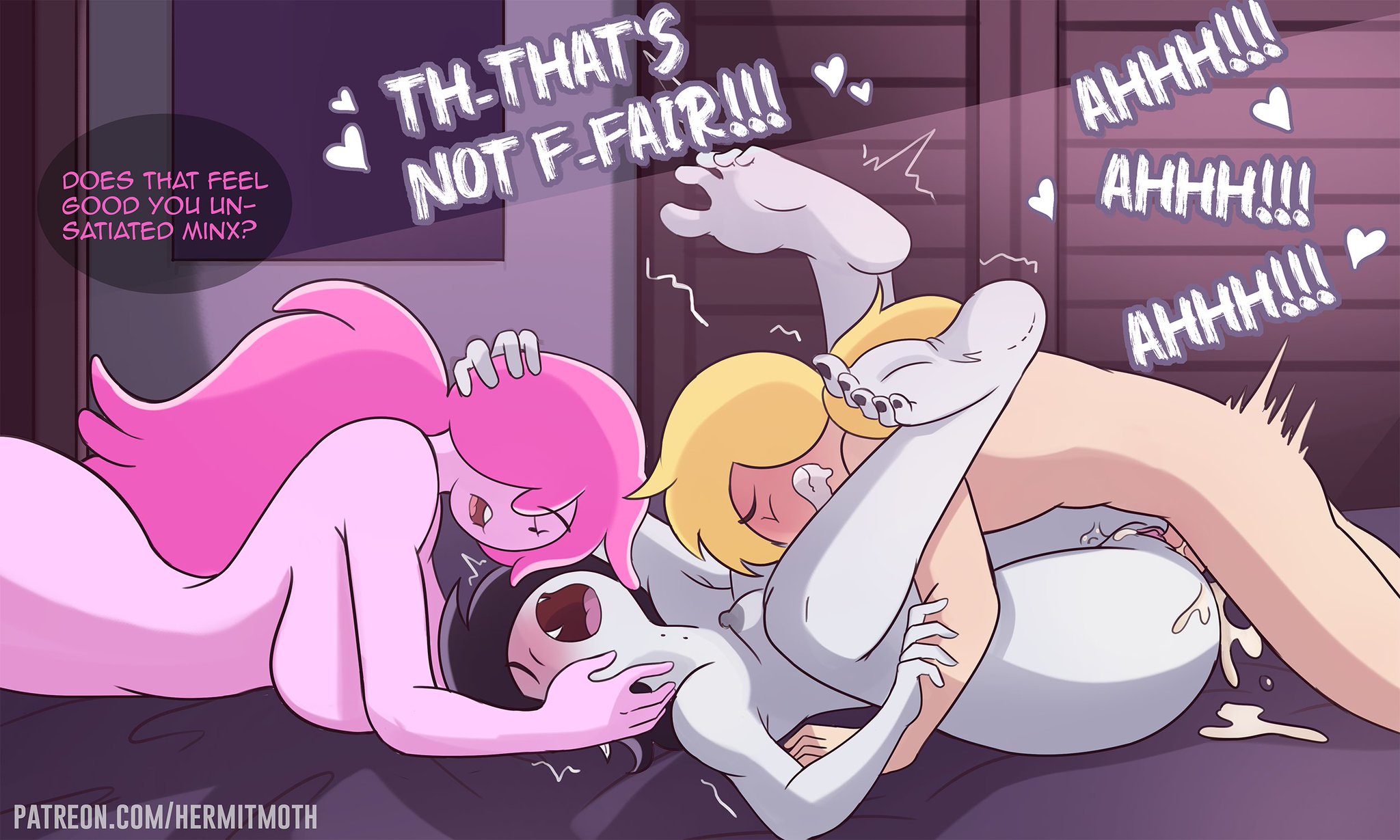 1boy, 2d, 2girls, adventure time, ass, barefoot, big ass, big breasts, black hair, canon couple, cartoon network, comic, comic strip, curvy, english text, feet, feet up, female, ffm threesome, finn the human, grey body, grey skin, hermitmoth, humanoid feet, large ass, large breasts, legs, legs up, lying, male, male penetrating, male penetrating female, marceline, marceline abadeer, mating press, medium breasts, missionary, missionary position, monster, monster girl, nude, nude female, on back, pink body, pink hair, pink skin, princess bubblegum, pussy, sex, skinny, slim waist, soles, splayed toes, spread legs, spread toes, spreading, table lotus, table lotus position, teasing, text, thighs, threesome, toe curl, toes, vaginal, vaginal penetration, vampire, vampire girl