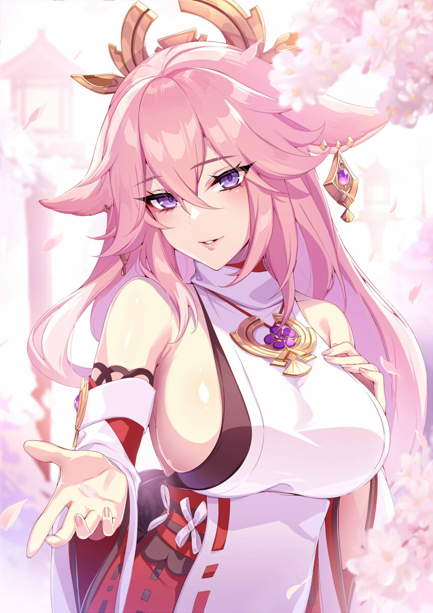 1girls, 2022, breasts, cherry blossoms, clothed female, detached sleeves, ear piercing, female, female only, fox ears, fox girl, genshin impact, hair ornament, hips, huge breasts, kitsune, long ears, long hair, miko, outdoors, pink hair, punopupupu, purple eyes, shrine maiden, sideboob, slim waist, thick thighs, thighs, wide hips, yae miko, zeroshiki kouichi