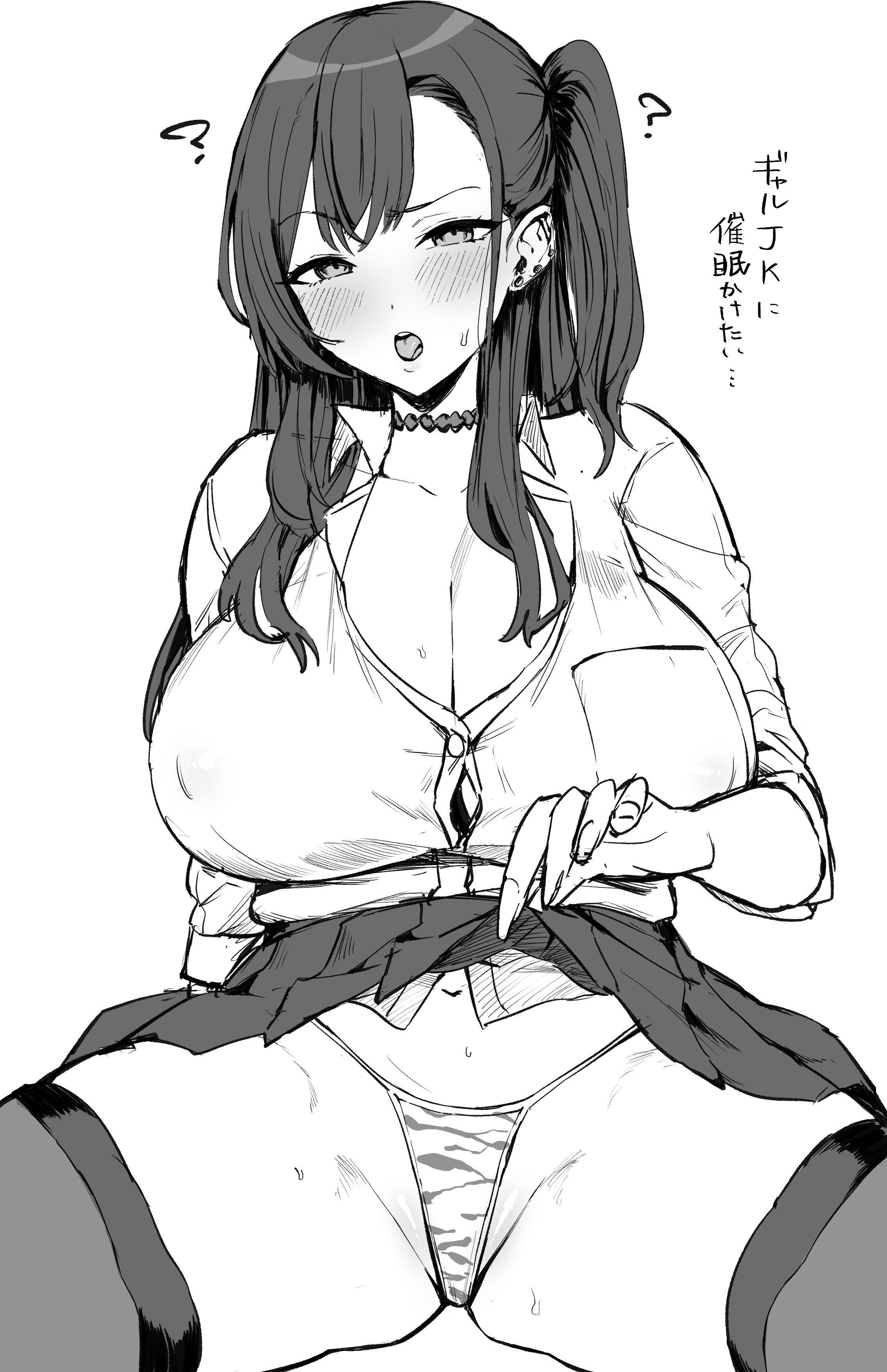 absurdres, animal print, blush, breasts, choker, clothes lift, ear piercing, earrings, female, greyscale, highres, hotate-chan, huge breasts, japanese text, jewelry, long hair, monochrome, nipples, open mouth, original, panties, piercing, side ponytail, skirt, skirt lift, solo, spread legs, sweat, text, thighhighs, thighs, thong, tiger print, tongue, translated, underwear