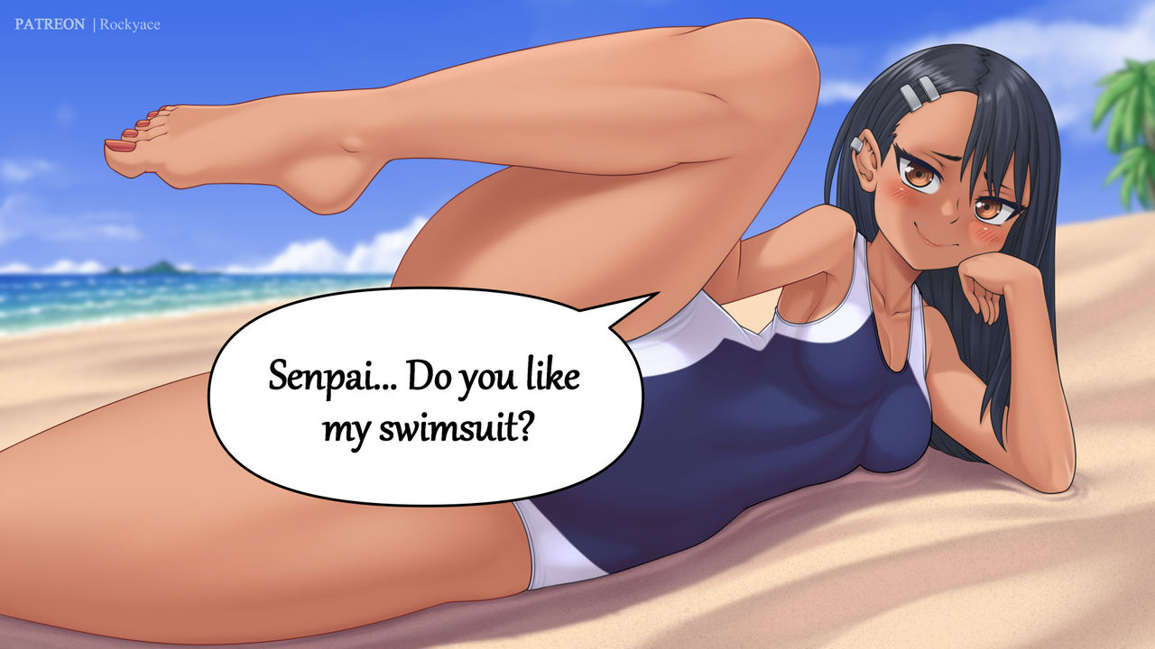 1girls, alternate breast size, beach, black hair, blush, breasts, brown eyes, cleavage, earrings, female, female focus, female only, hairclip, hayase nagatoro, hi res, large breasts, long hair, looking at viewer, lying on ground, lying on side, one-piece swimsuit, please don't bully me, nagatoro, pose, public, rocky-ace, seaside, simple background, small breasts, smile, solo, speech bubble, spread legs, swimsuit, tan, tanned, tanned skin, thick thighs, watermark, wide hips