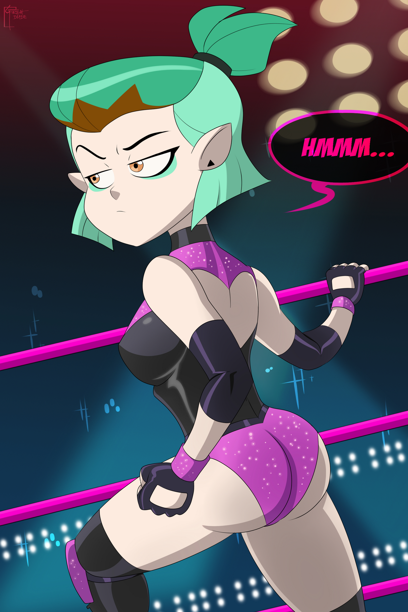 1girls, amity blight, ass, back cutout, breasts, brown hair, disney, disney channel, eyeliner, female, female only, fingerless gloves, glitter, great dude, green hair, hair pulled back, knee boots, knee pads, leotard, medium breasts, multicolored hair, pointy ears, short hair, smooth skin, solo, standing, the owl house, wrestling outfit, wrestling ring