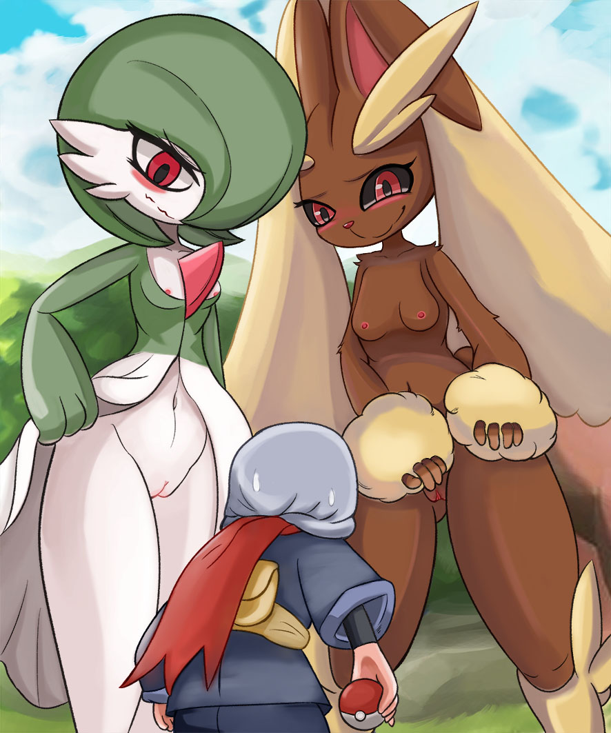 alpha_pokémon anthro bigmi_nono blush breasts brown_body brown_fur female fur gardevoir genitals humanoid lagomorph lopunny mammal nintendo nipples nude pokémon_(species) pokemon pokemon_(species) pokemon_legends:_arceus pussy red_eyes small_breasts small_nipples smile video_games