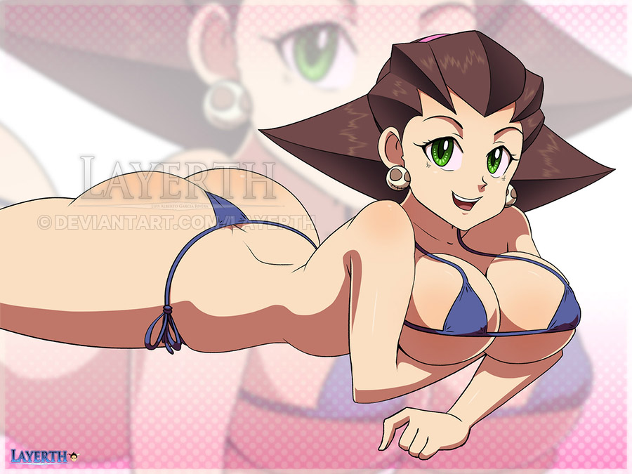 1girls ass bikini brown_hair bubble_butt capcom green_eyes huge_breasts large_ass layerth looking_at_viewer lying_on_stomach medium_hair mega_man mega_man_legends pointy_hair tron_bonne voluptuous