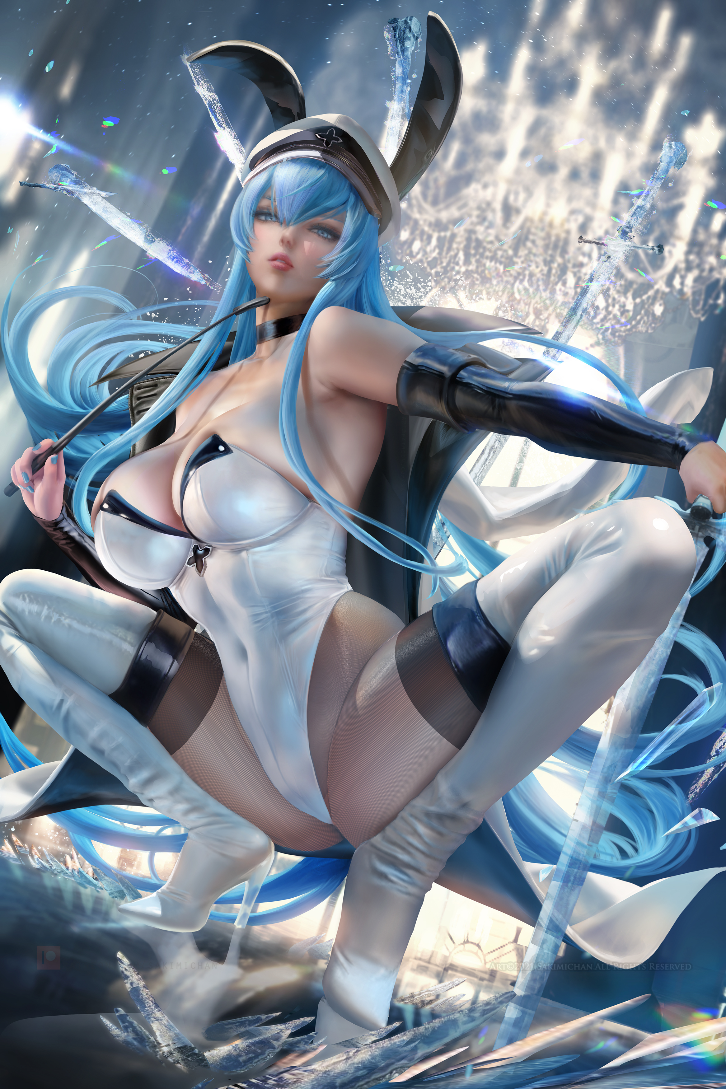 1girls, akame ga kill!, blue eyes, blue hair, blush, breasts, bunny ears, curvaceous, curves, curvy, esdeath (akame ga kill!), fake animal ears, female, hi res, highres, huge breasts, human, large breasts, long hair, matching hair/eyes, realistic, sakimichan, squatting, thick thighs, thigh boots, thighhighs